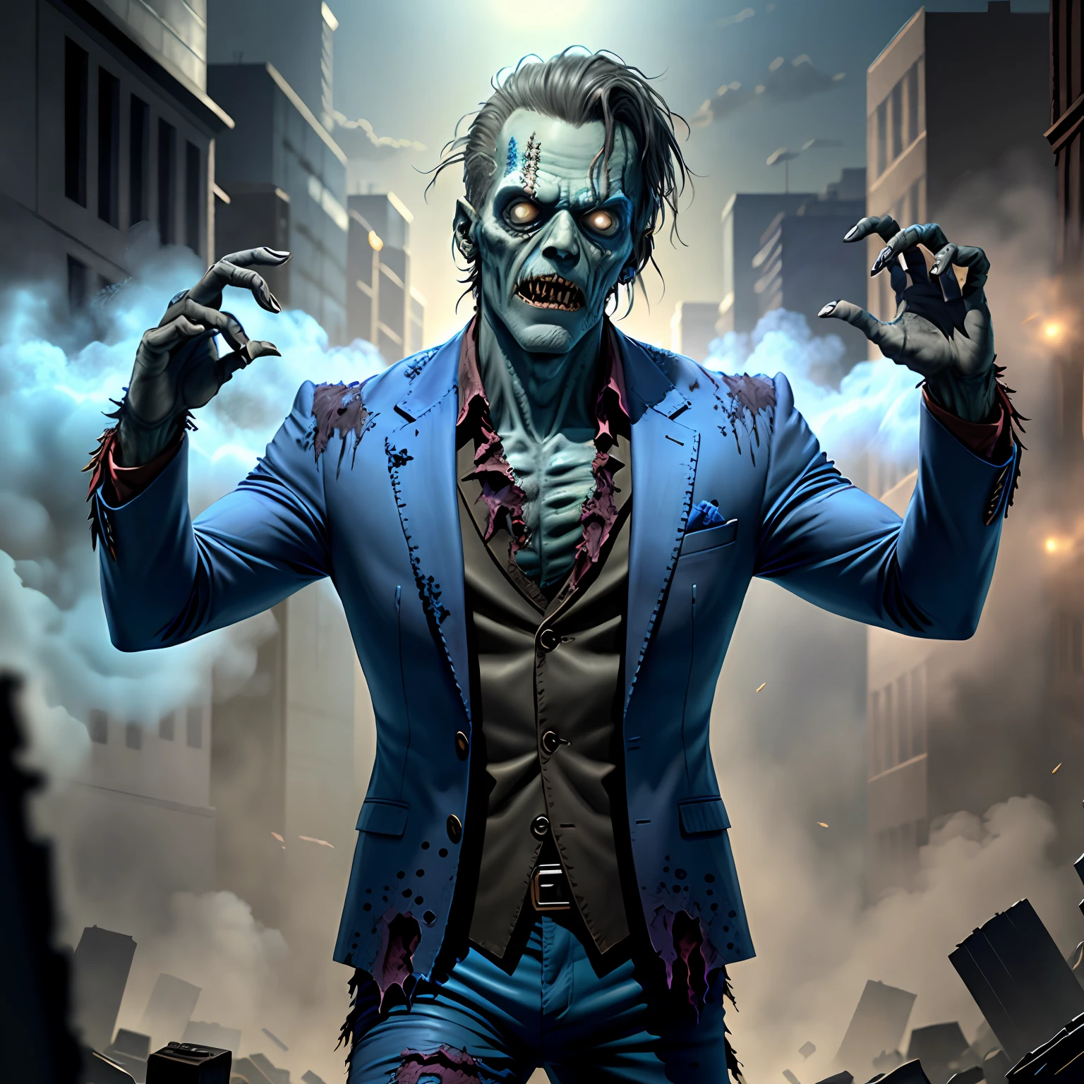 Zombie Frankenstein, ((hyper detailed)), wearing torn suit, (4k details), unleashing blue magic
