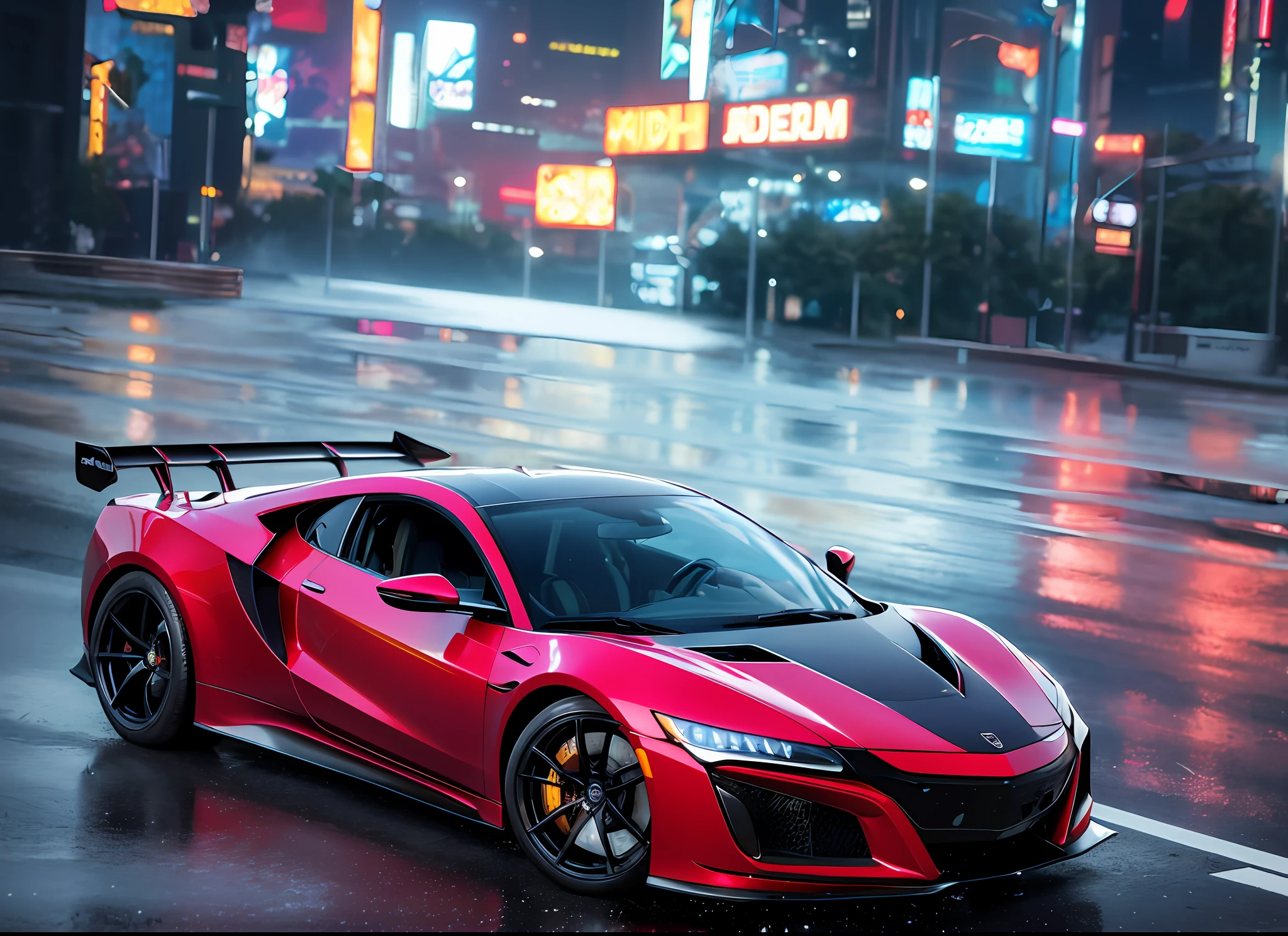 (Best Quality)), ((Masterpiece)), (High Definition:1.3), 3D, Beautiful (Cyberpunk:1.3), Rain, Park, Corporate Logo, HDR (High Dynamic Range), Ray Tracing, NVIDIA RTX, Super Resolution, Unreal 5, Subsurface Scattering, PBR Texturing, Post-Processing, Anisotropic Filtering, Depth of Field, Maximum clarity and sharpness, multi-layer textures, albedo and specular maps, surface shading, accurate simulation of light-material interactions, perfect proportions, octane rendering, two-tone lighting, low ISO, white balance, masterpiece, best quality, official art, highly detailed cg unity 8k wallpaper,illustration, light,car, bright, automobile, ground vehicle, sports car, vehicle focus, road, need for speed, movement, wet, (night, midnight:1.5), cyberpunk, tokyo,neon lights,drift,nsx2000 and gtr36 <