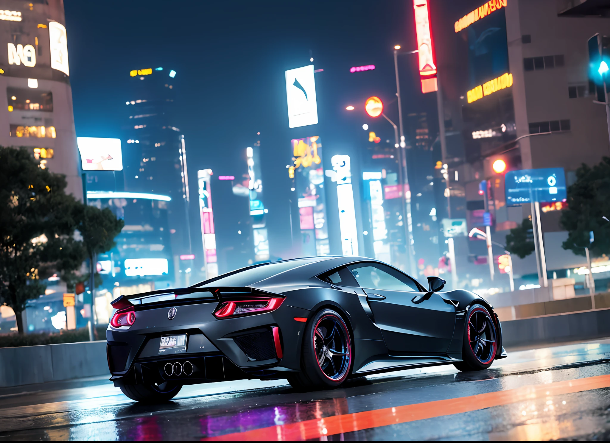 (Best Quality)), ((Masterpiece)), (High Definition:1.3), 3D, Beautiful (Cyberpunk:1.3), Rain, Park, Corporate Logo, HDR (High Dynamic Range), Ray Tracing, NVIDIA RTX, Super Resolution, Unreal 5, Subsurface Scattering, PBR Texturing, Post-Processing, Anisotropic Filtering, Depth of Field, Maximum clarity and sharpness, multi-layer textures, albedo and specular maps, surface shading, accurate simulation of light-material interactions, perfect proportions, octane rendering, two-tone lighting, low ISO, white balance, masterpiece, best quality, official art, highly detailed cg unity 8k wallpaper,illustration, light,car, bright, automobile, ground vehicle, sports car, vehicle focus, road, need for speed, movement, wet, (night, midnight:1.5), cyberpunk, tokyo,neon lights,drift,nsx2000 and gtr36 <