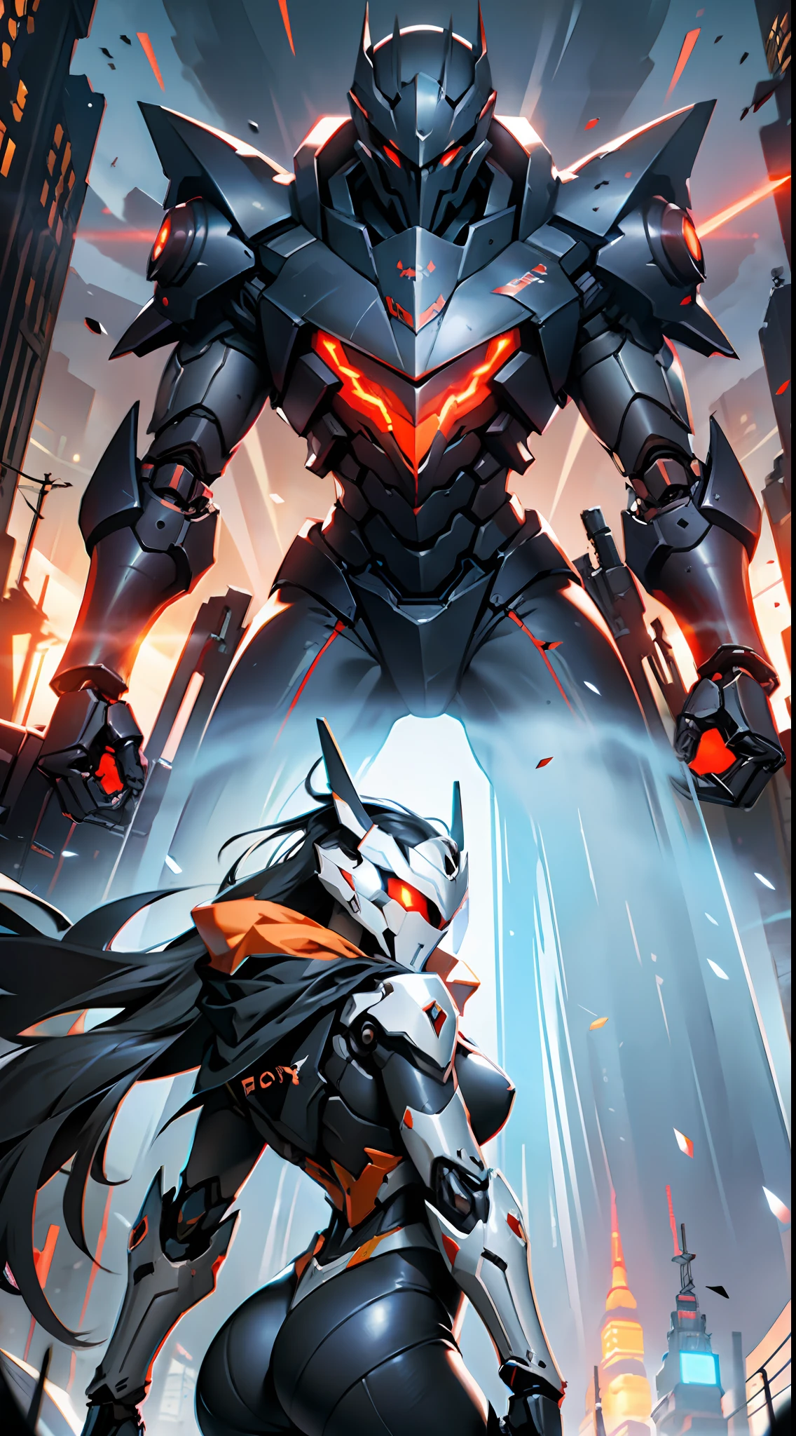 Perfect body proportions, melon face, wearing a black and red cruel Valkyrie mecha suit, a terrifying mechanical giant in the background, a glowing mechanical knight sword at the waist, a tattered red knight cloak unfolded, a V-shaped mechanical mask, long white messy hair, orange glowing eyes, surrealism, cubist futurism, chiaroscoo, cinematic lighting, ray tracing, character graphics, Sony FE, 8k, Ultra HD, best quality, high resolution, mecha texture detailed