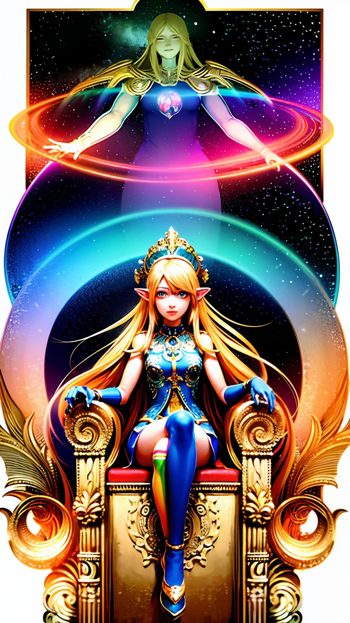 Person (High Elf Colossal Goddess), Clothing (wearing rainbow-colored gloves), Depiction (Upper body of a person sitting on a throne in outer space), Image quality (4K, Golden Ratio)
