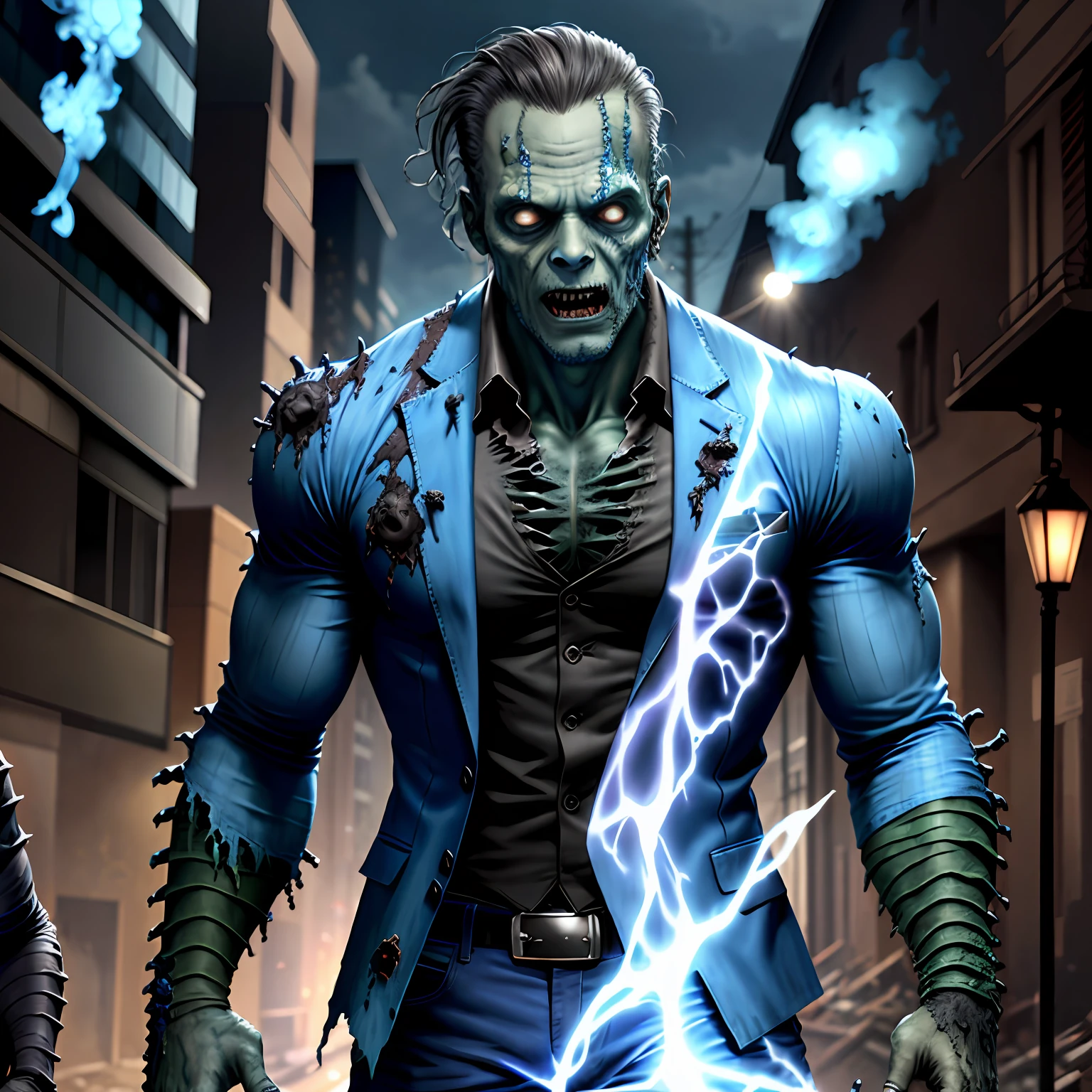 Zombie Frankenstein, ((hyper detailed)), wearing torn suit, (4k details), unleashing blue magic