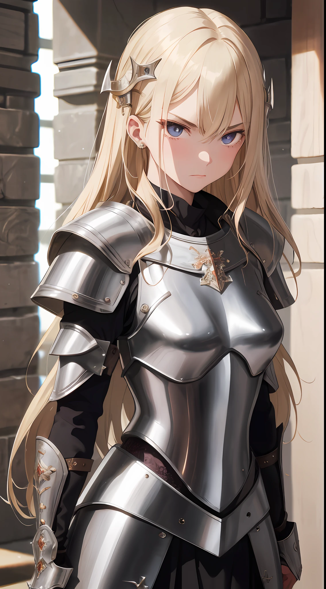 masterpiece, best quality, absurdres, beautiful girl, platinum armor, detailed engraving, engraved breastplate, upper body, looking at viewer, medieval, angry, sad, blonde hair, punishment cell, dungeon, dark stonework room, night, highres, ultra detailed, finely detail, detailed eyes and face and skin, sharp pupils, realistic pupils, sharp focus, slightly light