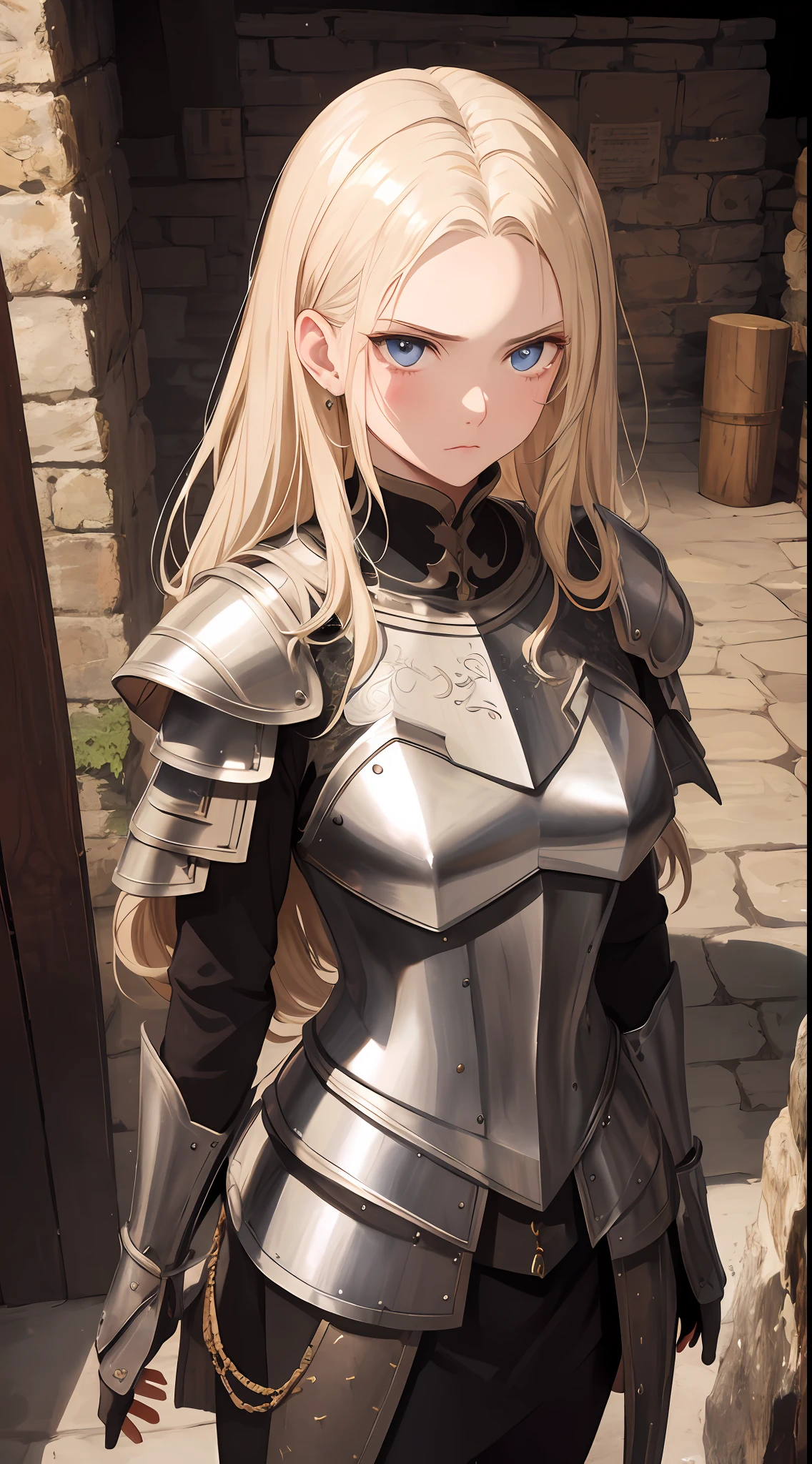 masterpiece, best quality, absurdres, beautiful girl, platinum armor, detailed engraving, engraved breastplate, upper body, looking at viewer, medieval, angry, sad, blonde hair, punishment cell, dungeon, dark stonework room, night, highres, ultra detailed, finely detail, detailed eyes and face and skin, sharp pupils, realistic pupils, sharp focus, slightly light