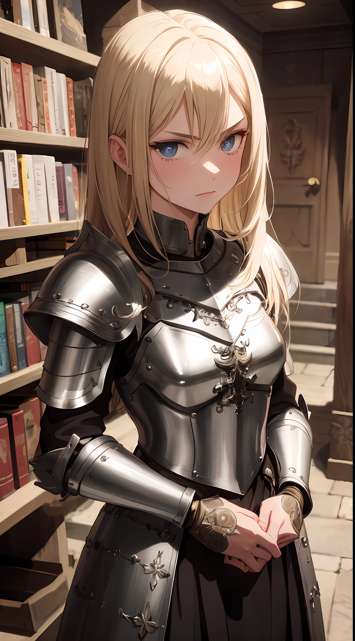 masterpiece, best quality, absurdres, beautiful girl, platinum armor, detailed engraving, engraved breastplate, upper body, looking at viewer, medieval, angry, sad, blonde hair, punishment cell, dungeon, dark stonework room, night, highres, ultra detailed, finely detail, detailed eyes and face and skin, sharp pupils, realistic pupils, sharp focus, slightly light