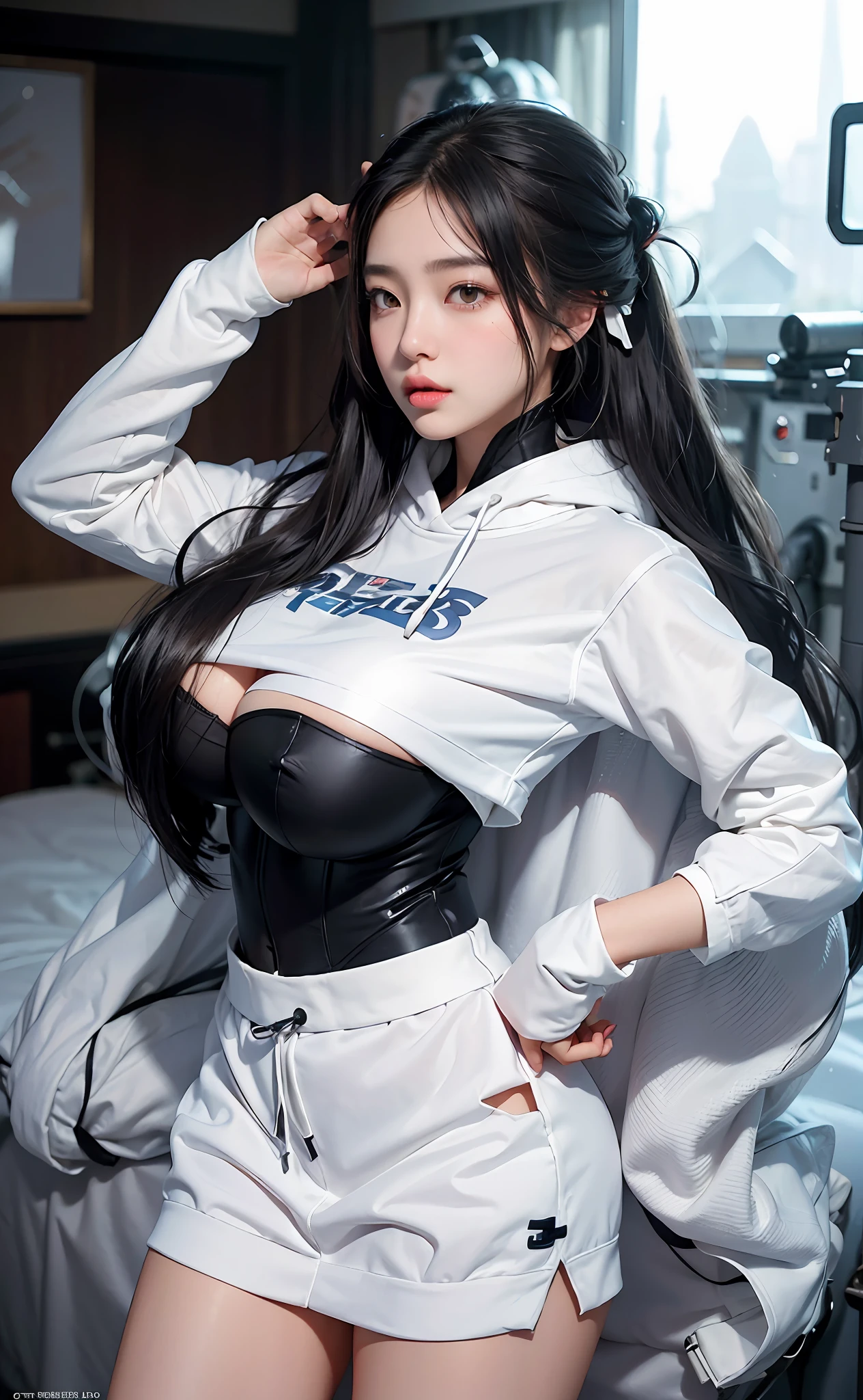 arafed woman beautiful asian girl, ig model | artgerm, asian girl, black haired girl wearing hoodie, korean girl, g(Best Quality, 8k, 32k, Masterpiece, UHD:1.3), (Photo of Attractive Japanese Woman), 1 Girl, ((Big Boobs:1.4)), (long wavy hair), Abs, Perfect Body, Ultra Detailed Face, Detailed Lips, Fine Eyes, double eyelids, pajamas, on the bed, (seductive), ((aroused:1.5)), ((areolae slip)), ((in heat)), ((milf)) sexy girl, busty, beautiful asian girl, gorgeous chinese model, jaw-dropping beauty, girl in mecha cyber armor, ferra white mecha, female mecha, mechanized valkyrie girl, beutiful white girl cyborg, armor girl, clothed in sci-fi military armor, scifi woman, in white futuristic armor, gorgeous female paladin, mechanized soldier girl