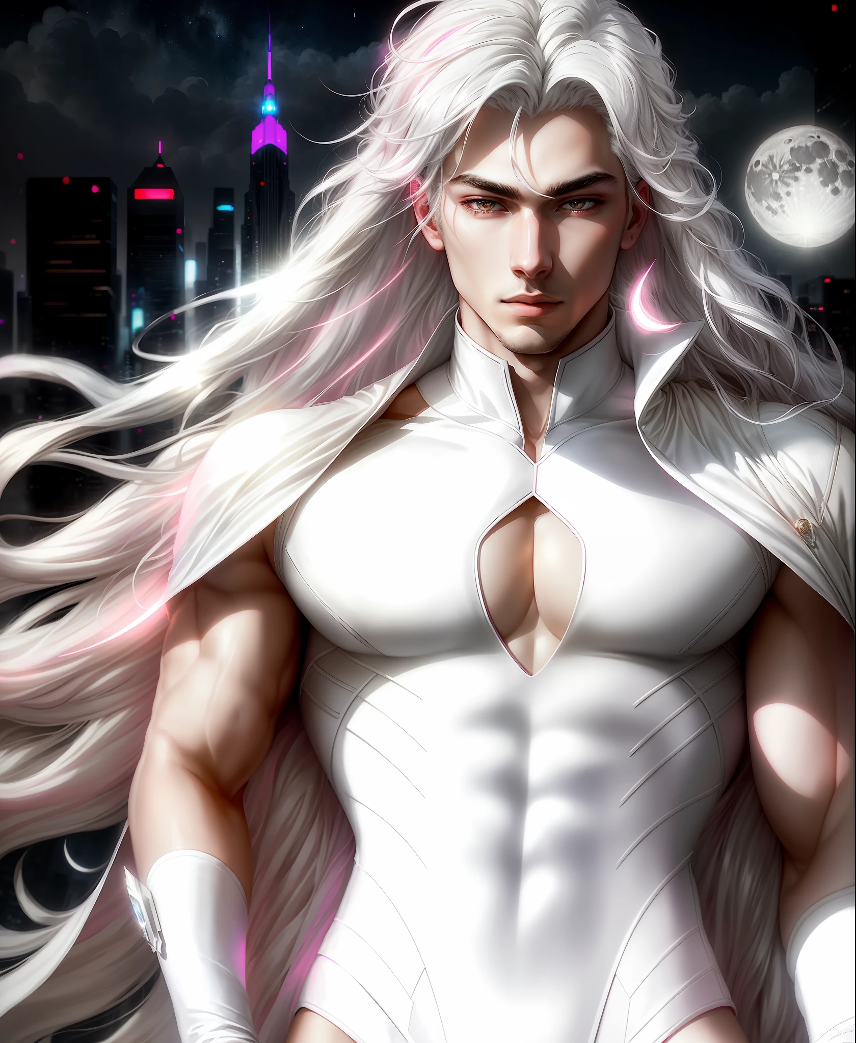 masterpiece, highest quality, (solo focus), (perfect face:1.1), (high detail:1.1), dramatic, 1guy, (pale skin), long white hair, white eyes, [light eyebrows], solo, long hair, moon, night, white luxury suit, covered navel, pouty lips, covered, futuristic city, detailed background, art by artgerm, cinematic lighting, white and pink tetradic colors, cinematic lighting, roses