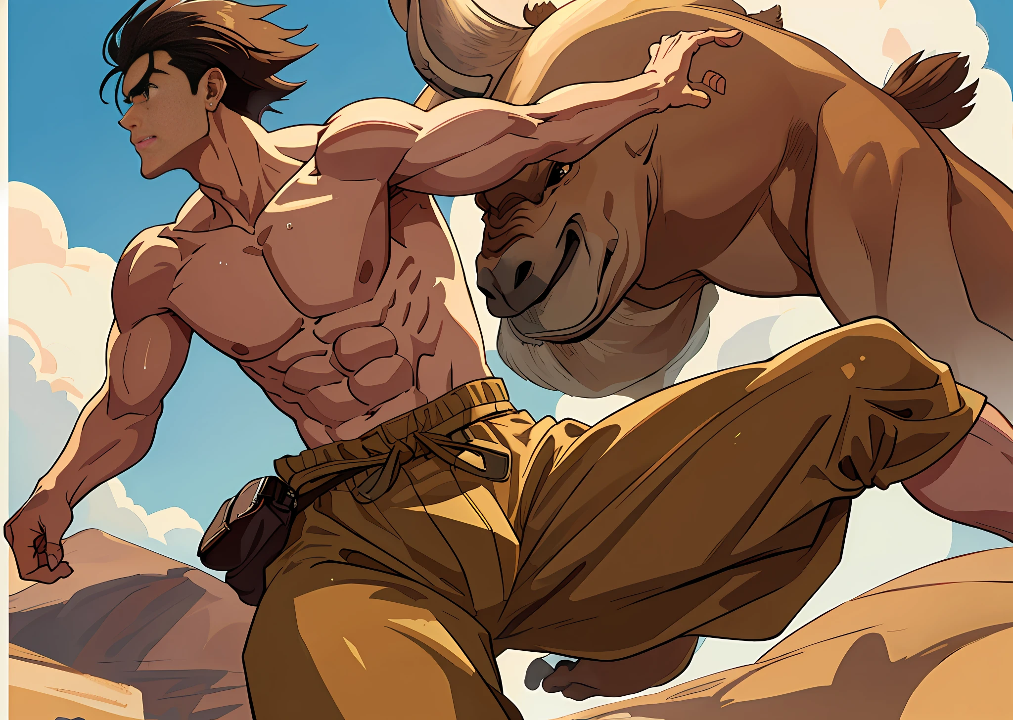 (Masterpiece, the best quality), shirtless, 1boy, a boy, high quality, muscular, camel coloured pant, serious, running, sweaty, fast