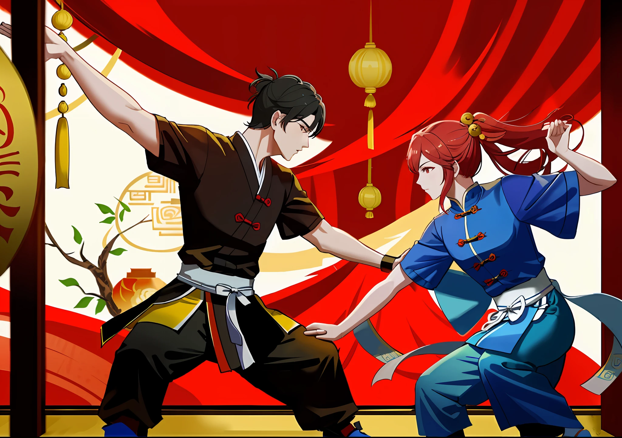 Two people in the competition, Taoist, Taoist hall, battle, tense and exciting, beautiful environment, super high quality, 8K, the best masterpiece, Chinese style, martial arts style