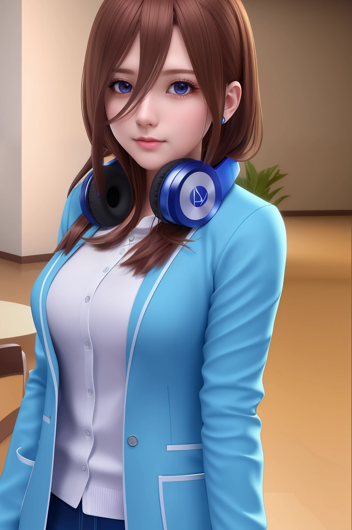 (extremely detailed CG unity 8k wallpaper), the most beautiful artwork in the world, 1girl, upper body, brown hair, hair between eyes, blue cardigan, (((headphones))), pantyhose, blazer,