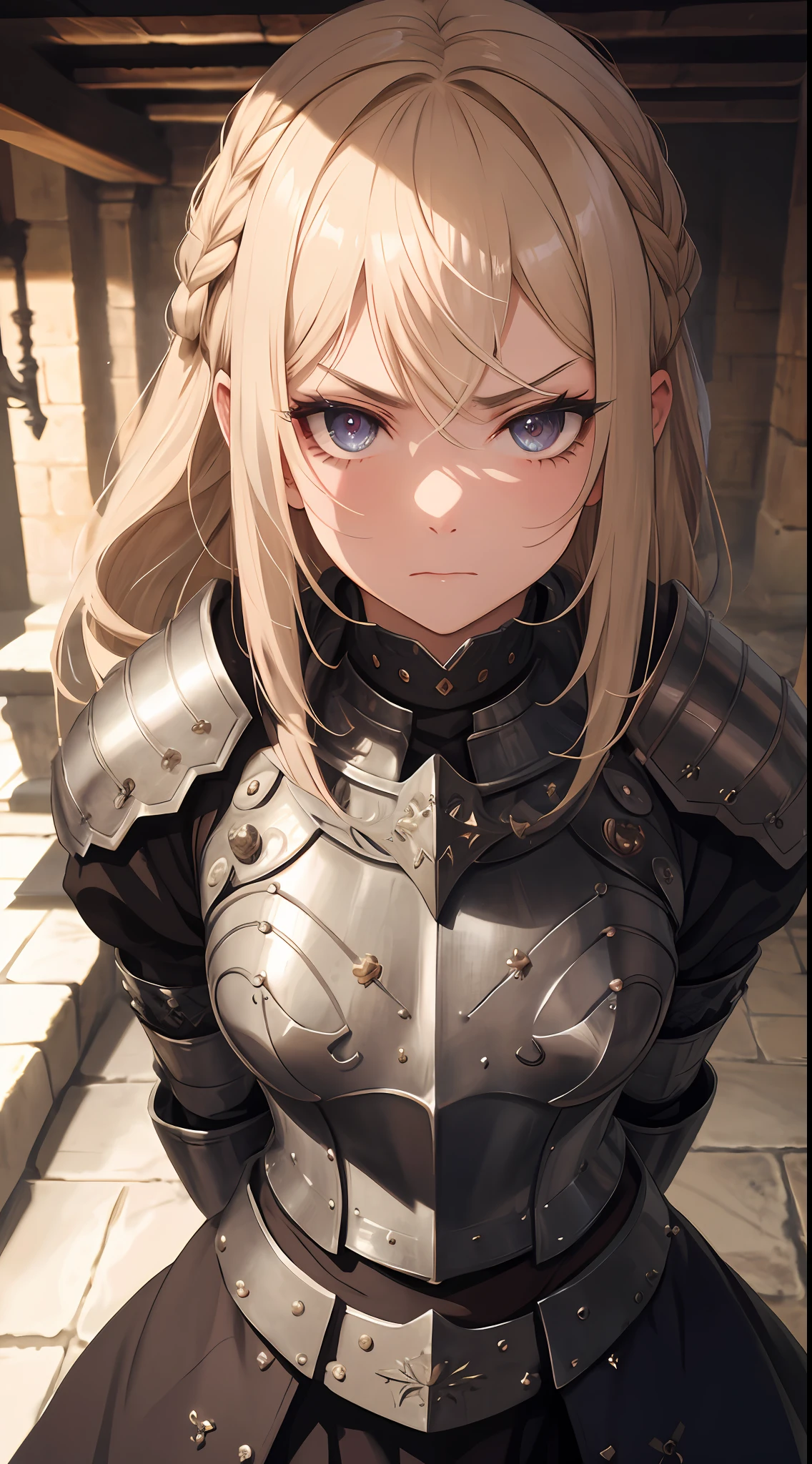 masterpiece, best quality, absurdres, beautiful girl, platinum armor, detailed engraving, engraved breastplate, upper body, looking at viewer, medieval, angry, sad, blonde hair, punishment cell, dungeon, dark stonework room, night, highres, ultra detailed, finely detail, detailed eyes and face and skin, sharp pupils, realistic pupils, sharp focus, slightly light