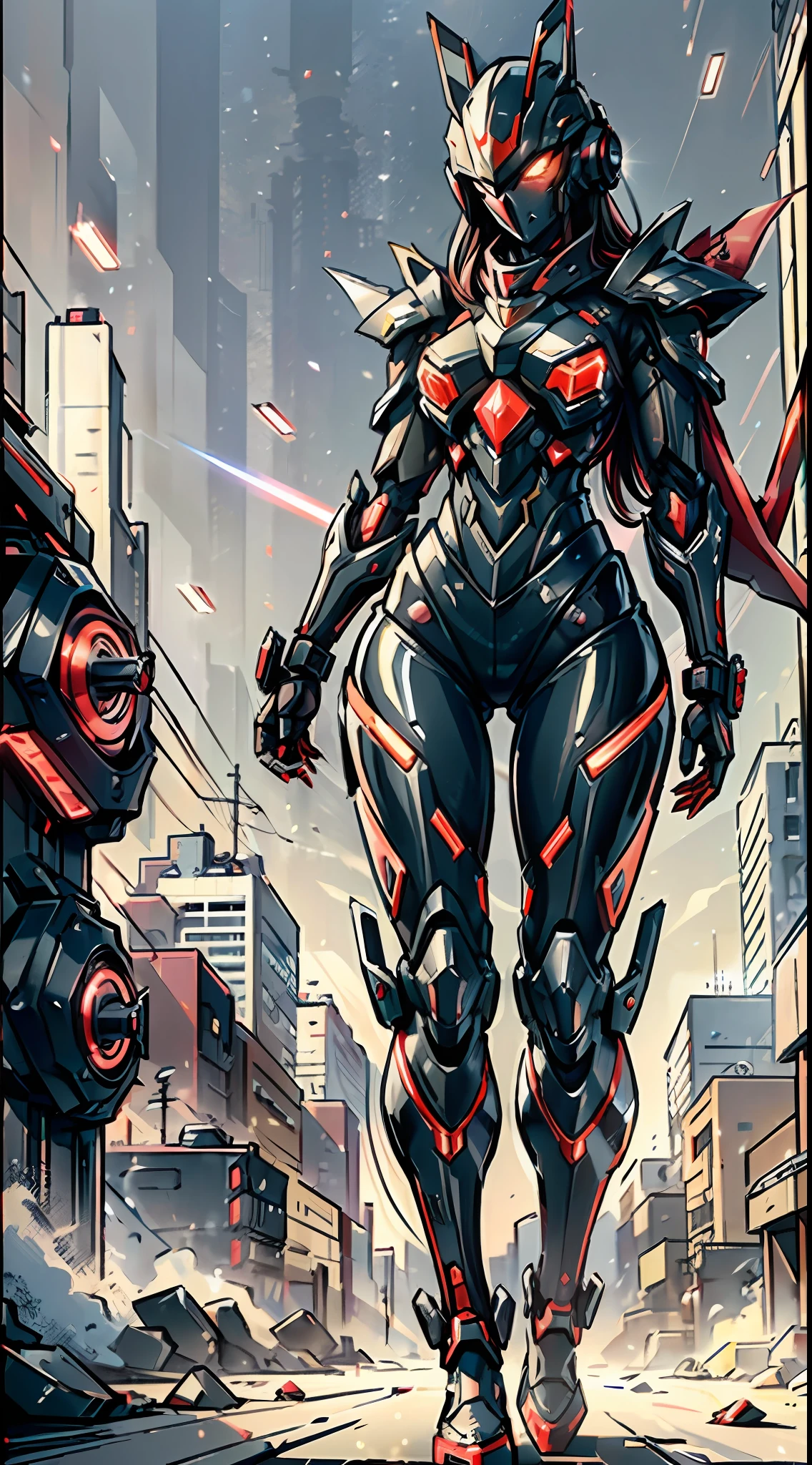 (((tall young Asian woman with perfect body proportions))), textured mech, surrealism, cubist futurism, V-shaped helmet covering face, melon face, black and red extremely complex cruel Valkyrie mech suit, white messy long hair, red glowing eyes, gun action, tattered red knight long cloak unfolded, a large horror machine stands behind it, Ultra HD, Panorama, chiaroscuro, Cinematic lighting, ray tracing, character diagram, f/1.8, Sony FE, best quality, High resolution, live-action, 3D effects