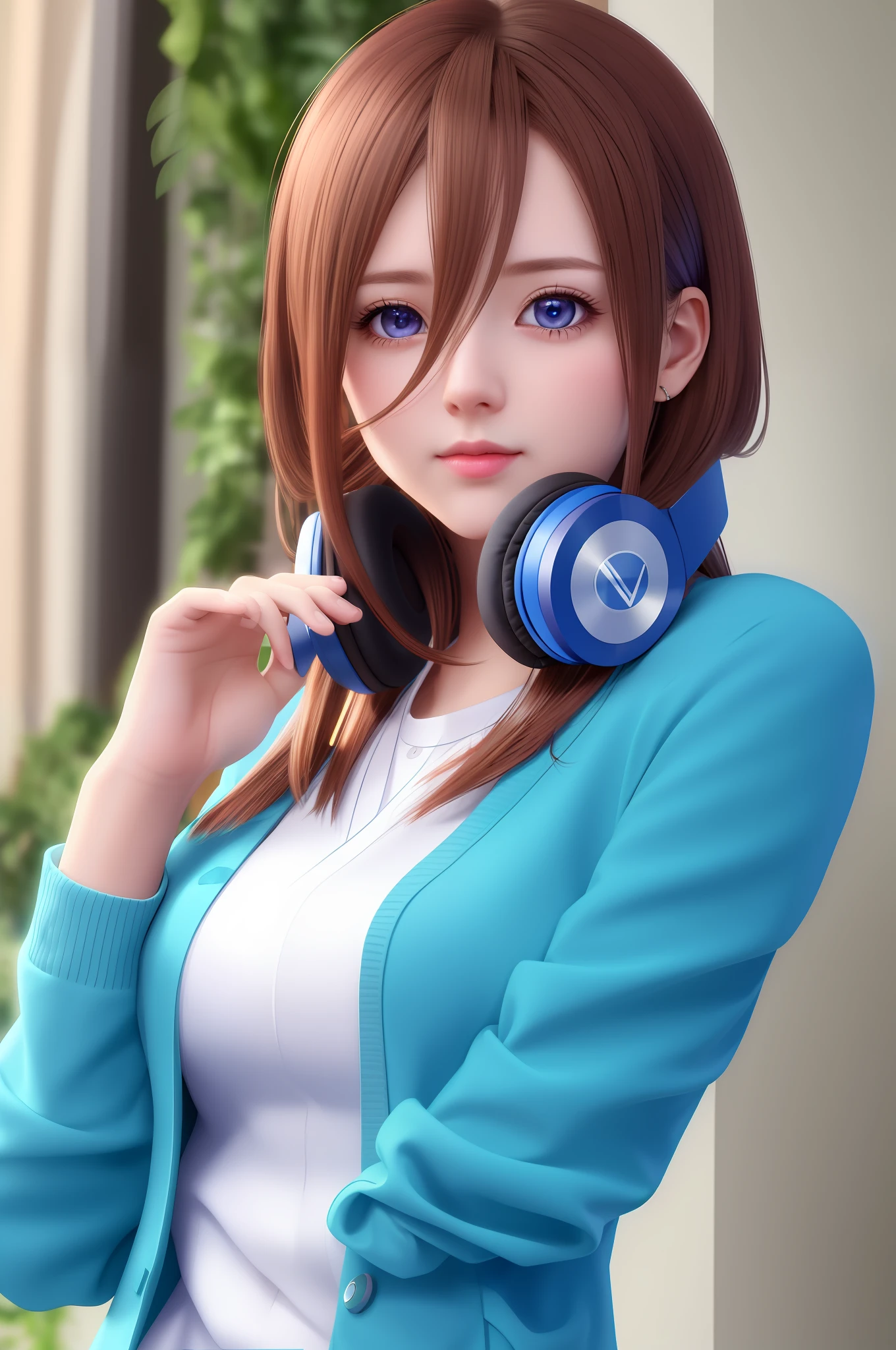 (extremely detailed CG unity 8k wallpaper), the most beautiful artwork in the world, 1girl, upper body, brown hair, hair between eyes, blue cardigan, (((headphones))), pantyhose, blazer,