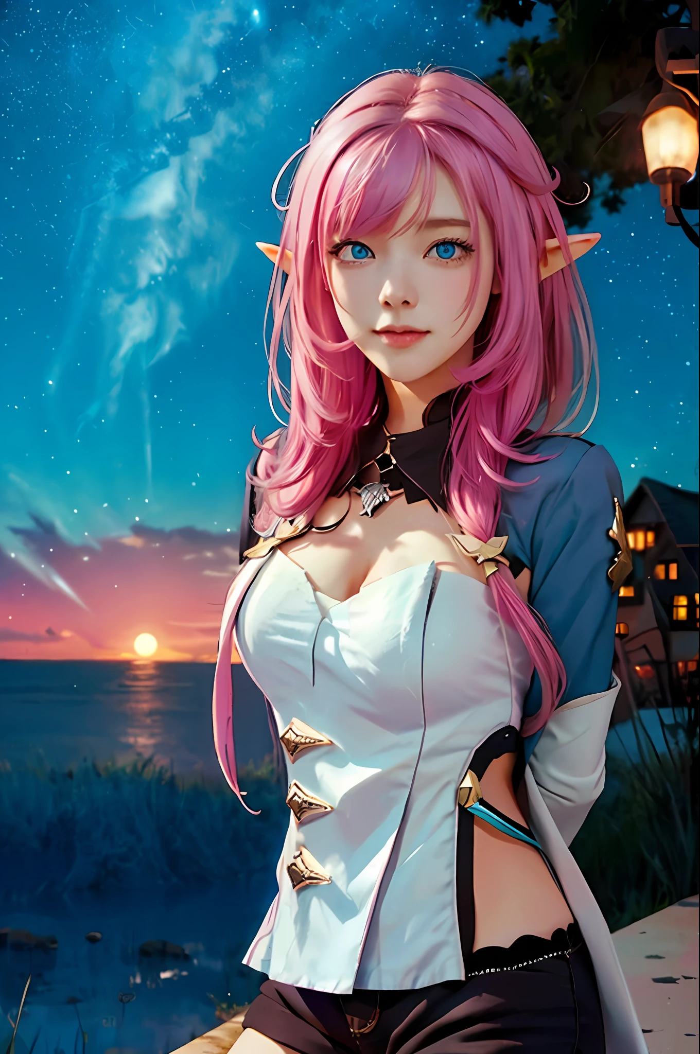 (Realistic painting style:0.9), masterpiece, best quality,  absurdres, elysia (miss pink elf) (honkai impact), slit pupils, elysia (honkai impact), elf, pointy ears, 1girl, ???????, cleavage, pink hair, solo, hair ornament, smile, blue eyes, long hair, looking at viewer, open mouth, bangs, :d, sky, star (sky), black shorts, ?????????????, starry sky, shorts, night sky, arms behind back, night, long sleeves, pink pupils