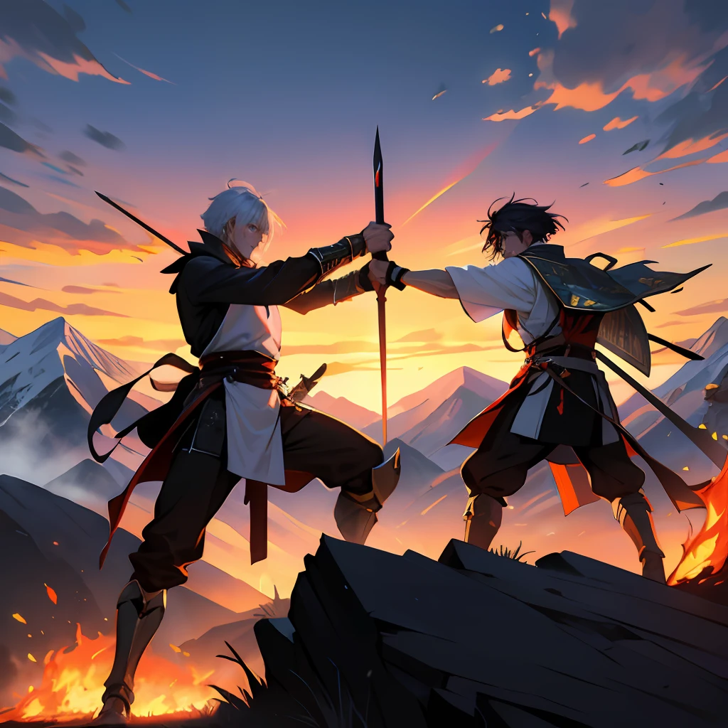 The battle was fierce, and two knights, armed with long swords, fought a duel on the top of the mountain range, surrounded by flames.