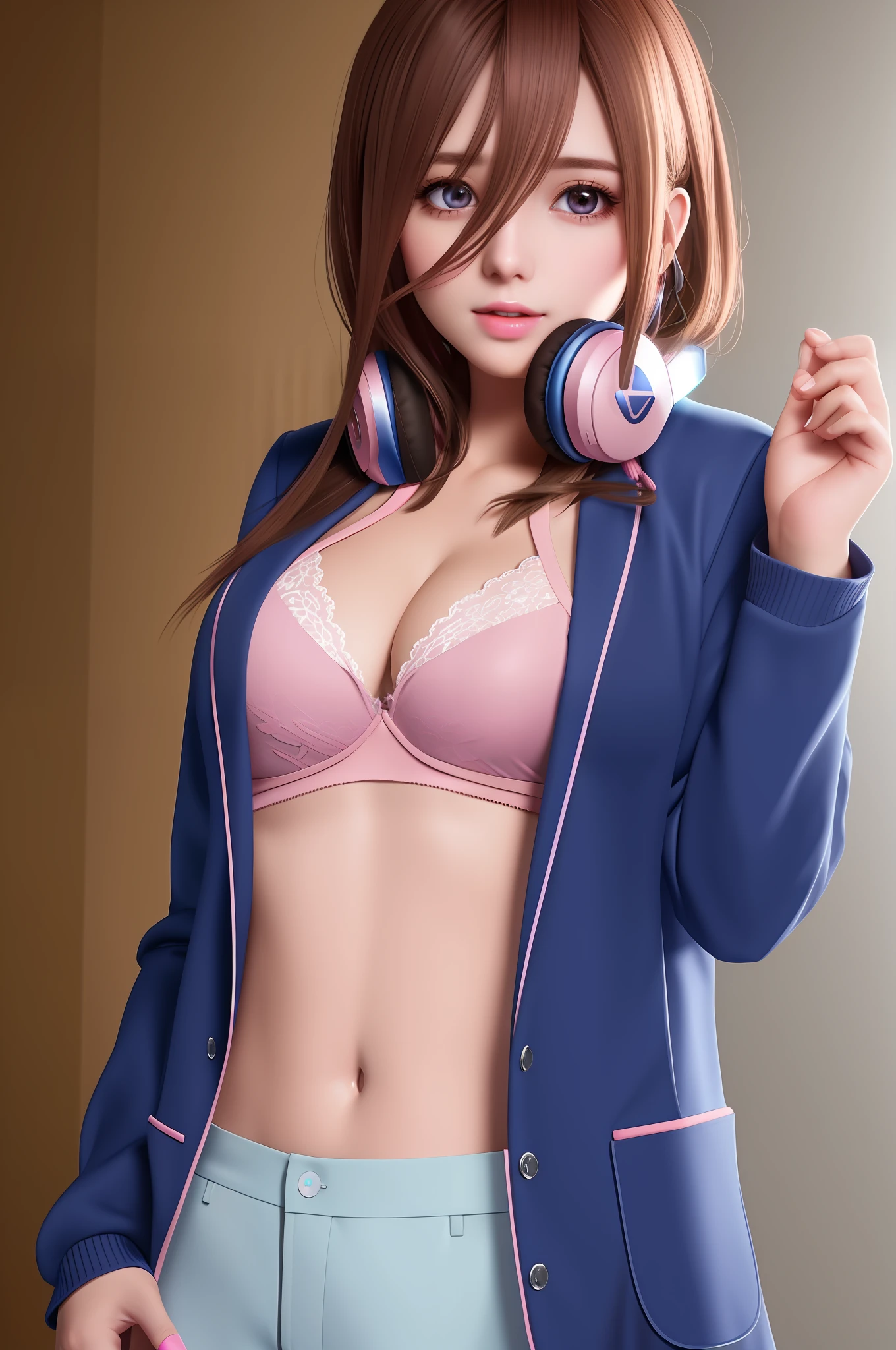 (extremely detailed CG unity 8k wallpaper), the most beautiful artwork in the world, 1girl, upper body, brown hair, hair between eyes, blue cardigan, (((headphones))), pantyhose, blazer, (((pink Bra)))