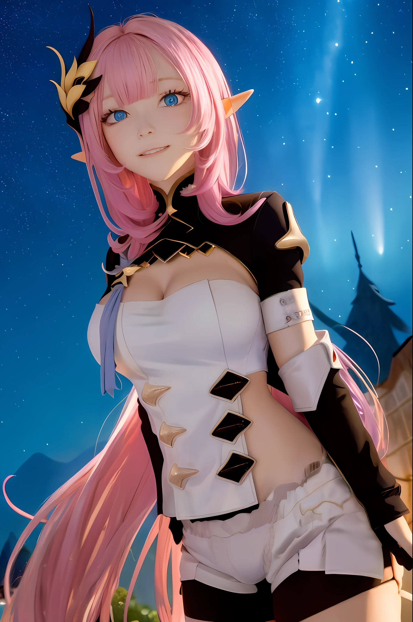 (Realistic painting style:0.9), masterpiece, best quality, absurdres, elysia (miss pink elf) (honkai impact), slit pupils, elysia (honkai impact), elf, pointy ears, 1girl, breasts, cleavage, pink hair, solo, hair ornament, smile, blue eyes, long hair, looking at viewer, open mouth, bangs, :d, sky, star (sky), black shorts, large breasts, starry sky, shorts, night sky, arms behind back, night, long sleeves, pink pupils