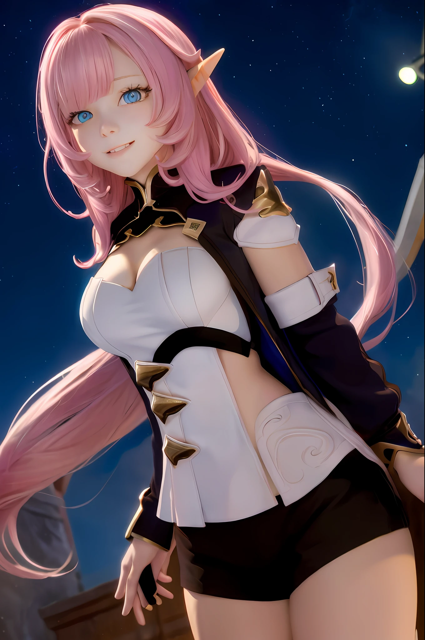 (Realistic painting style:0.9), masterpiece, best quality, absurdres, elysia (miss pink elf) (honkai impact), slit pupils, elysia (honkai impact), elf, pointy ears, 1girl, , cleavaghair, solo, hair ornament, smile, blue eyes, long hair, looking at viewer, open mouth, bangs, :d, sky, star (sky), black shorts, large breasts, starryhorts, night sky, arms behind back, night, long sleeves, pink pupils