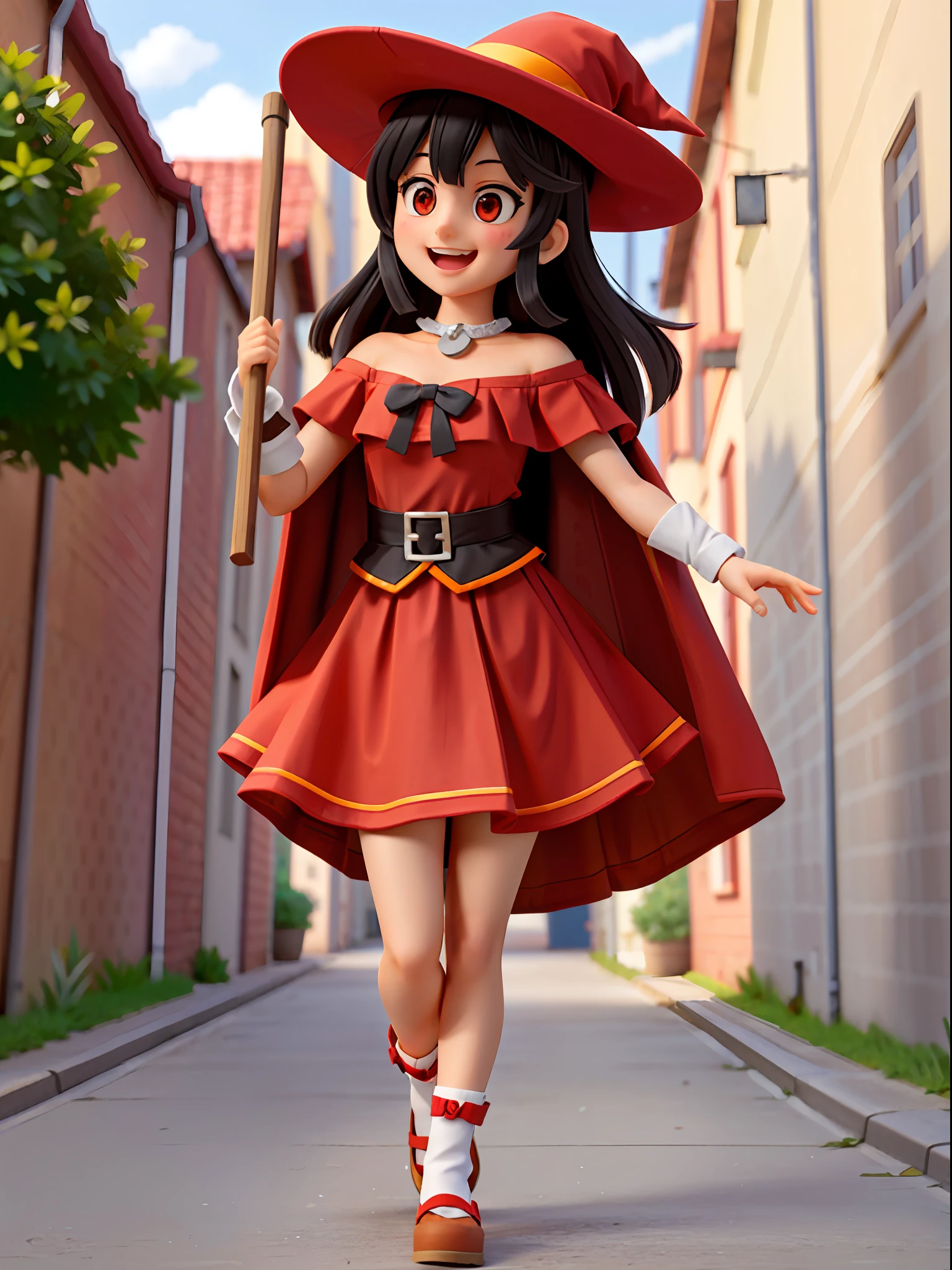 flat color, RAW photo of (adult:1.3) ((konosuba, megumin:0.8), detailed face, perfect eyes, Long layers) woman (smiling:0.8), as a witch, blush , red eyes, looking at viewer , red dress, witch hat , black hair , bandaged leg ,smile ,cape ,collarbone ,open mouth ,bare shoulders ,off shoulder ,holding staff, off-shoulder dress, (skirt:1.3), (alley_background:1.5), (high detailed skin:1.2), 8k uhd, dslr, soft lighting, high quality, film grain,