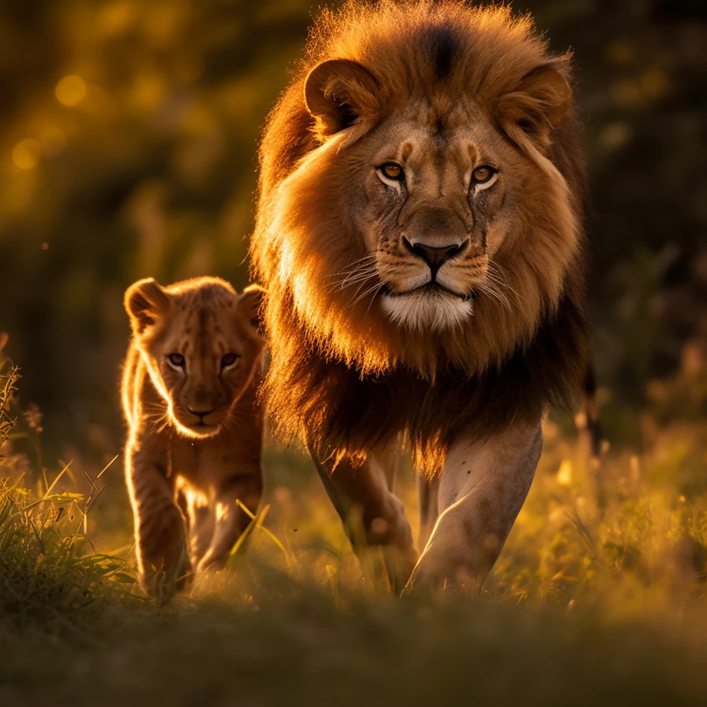 There is a big lion walking in the grass with his cub, cute lion, by Juergen von Huendeberg, shutter, run to camera, run to camera, run fast to camera, cute animal, Sebastian Spryne, Simba, Bernardino May, fierce expression 4k, close-up portrait shoot, shutter competition winner,