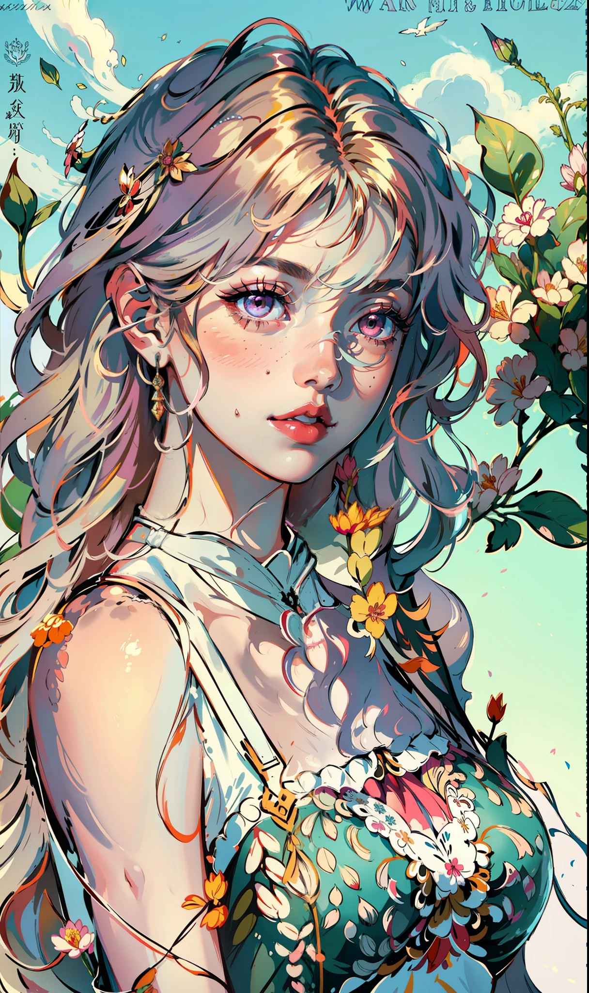 Masterpiece, Superb Quality, Ultra Detailed, Illustration, Portrait, 1girl, Eyed Eyes, Long Hair, Curly Hair, Bangs, Hand Bouquet, Pink Tulip, Side Looking at the Camera, Pure White Background, Gradient Background, Suspenders, Bare Shoulders, Modern Dress --v6