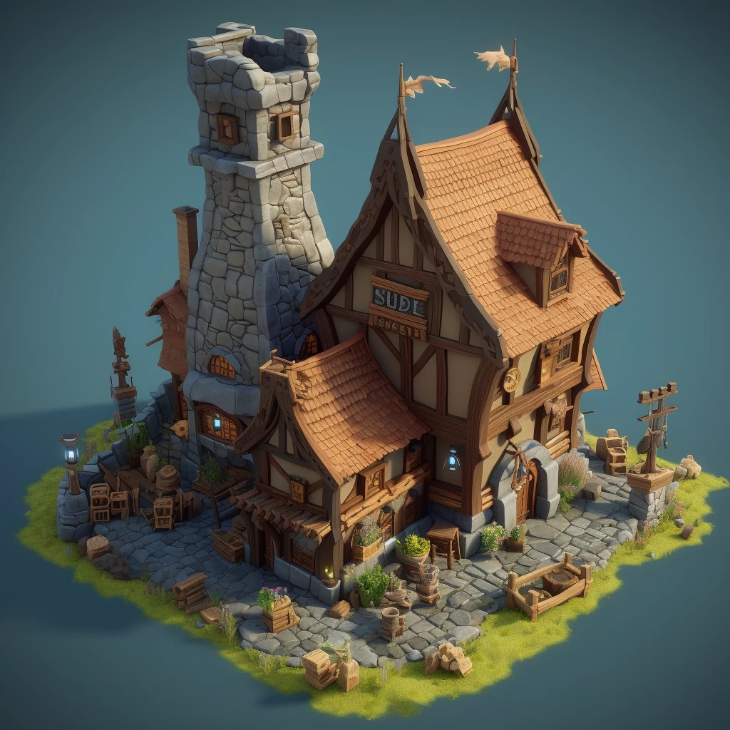 Medieval architecture in SLG strategy building game, Viking style blacksmith score with realistic magic art style, workshop, with huge chimney, 3D model HD rendering, architectural rendering, orthogonal isometric view, 45 degree angle overlook, (white background), high detail, cinematic, global illumination, realistic lighting, Unreal Engine rendering, matter 3D, octane rendering, (HDR:1.3) ar--3:4--niji