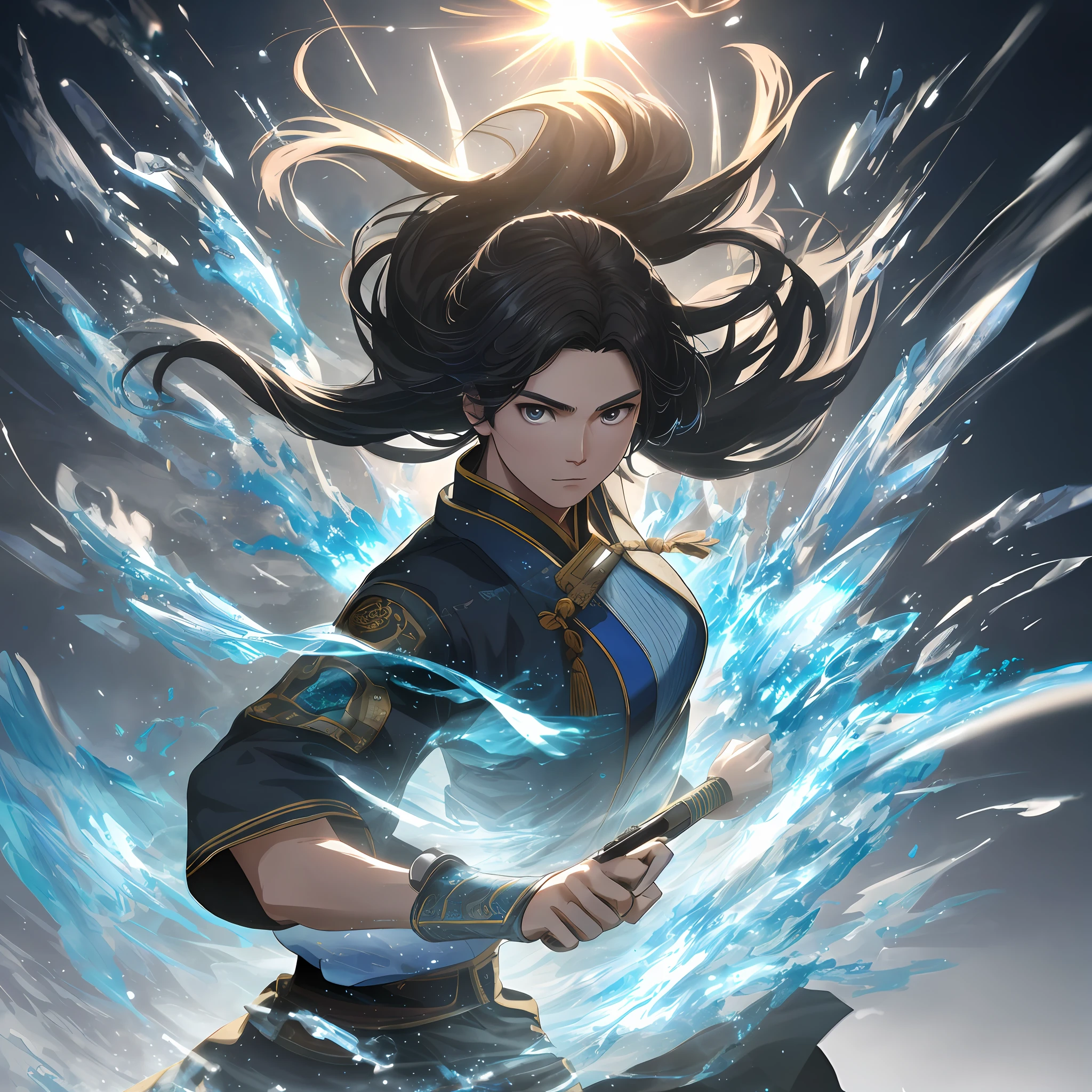Epic water bending shot, in front, Award WinningPhotographs, Wuxia, A handsome ancient Chinese boy stood at the forefront with a knife, in the style of artgerm, Blue and Grey, powerful portraits，extreme close - upfocus on face, in the style of photorealistic eye, bokeh，in the style of hyperrealistic illustration, super ultra detail, movie screenshotUnreal Engine, Zbrush3D artVray，Glow Particular，Post Effect，Optical Flares --niji 5 --style expressive --s 400