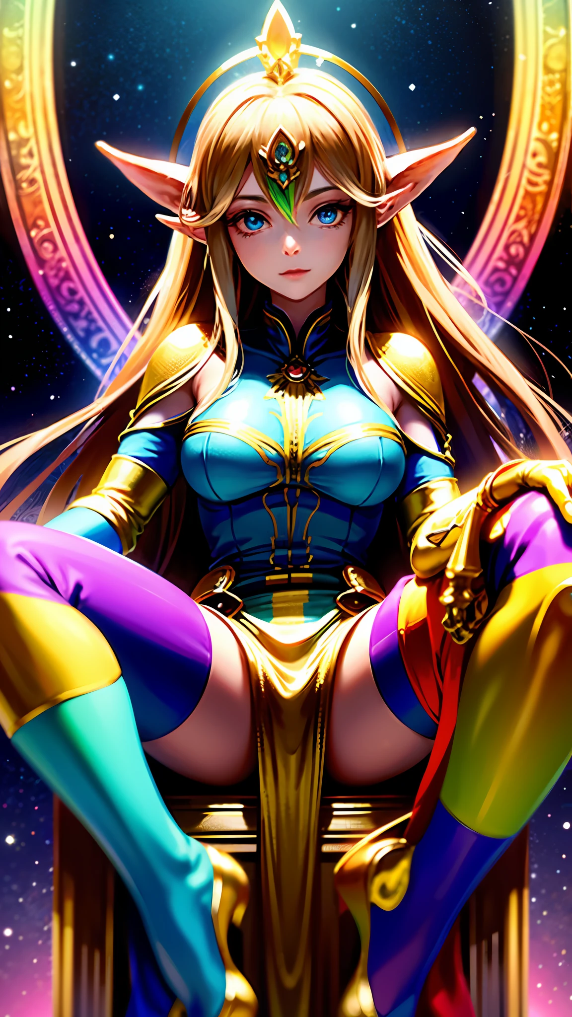 Person (High Elf Colossal Goddess), Clothing (wearing rainbow-colored gloves), Depiction (Upper body of a person sitting on a throne in outer space), Image quality (4K, Golden Ratio)