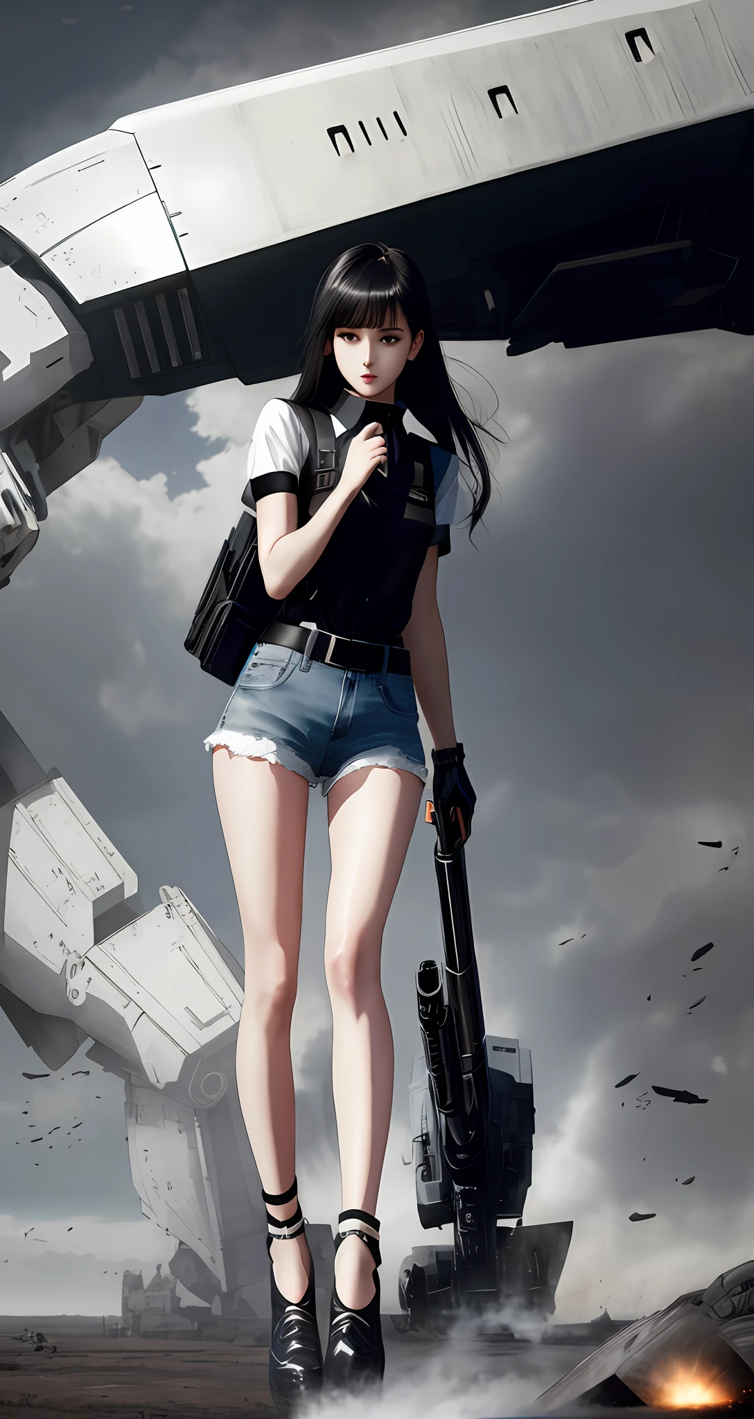 A girl in white skin and black dress leaning on huge mecha, pale skin, black short-sleeved shirt, dark denim shorts, long legs, long sword in left hand, gun on right shoulder, background alien battlefield, beautiful digital artwork, realistic effect, high texture