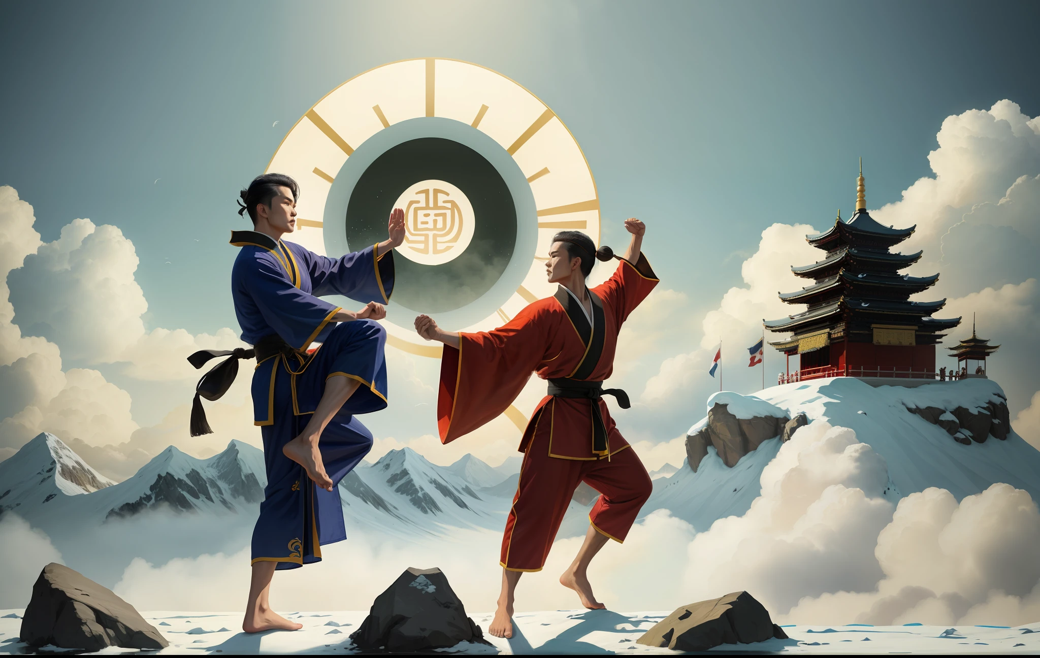 Two men wearing Taoist robes practice martial arts on the top of the mountain