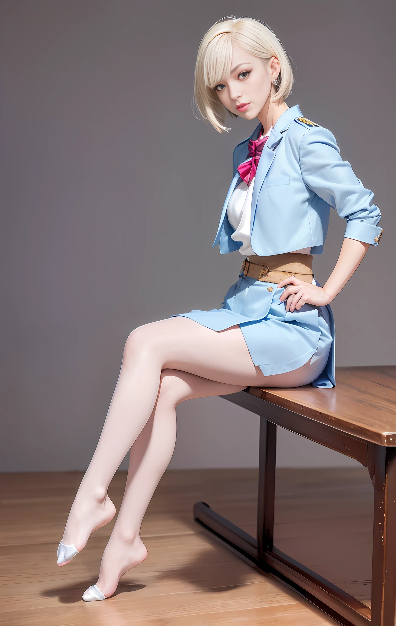 1girl, (8k, RAW photo, best quality, masterpiece:1.2), (realistic, realistic:1.37), solo, ultra-detailed, white pantyhose, long lens, beautiful background, japanese school uniform, full body, realistic eye and face details, natural skin texture, full body, (school: 1.4), sneakers, detailed face, movie lighting, realism, realistic background, realistic lighting, angular beauty, thin ankle, school background, gyaru, sports club, short hair, blonde dye, perfect body proportions, domineering posture, shy expression, earrings, sexy makeup ((show thighs)|( Show calves)), ((1girl)), without shoes,