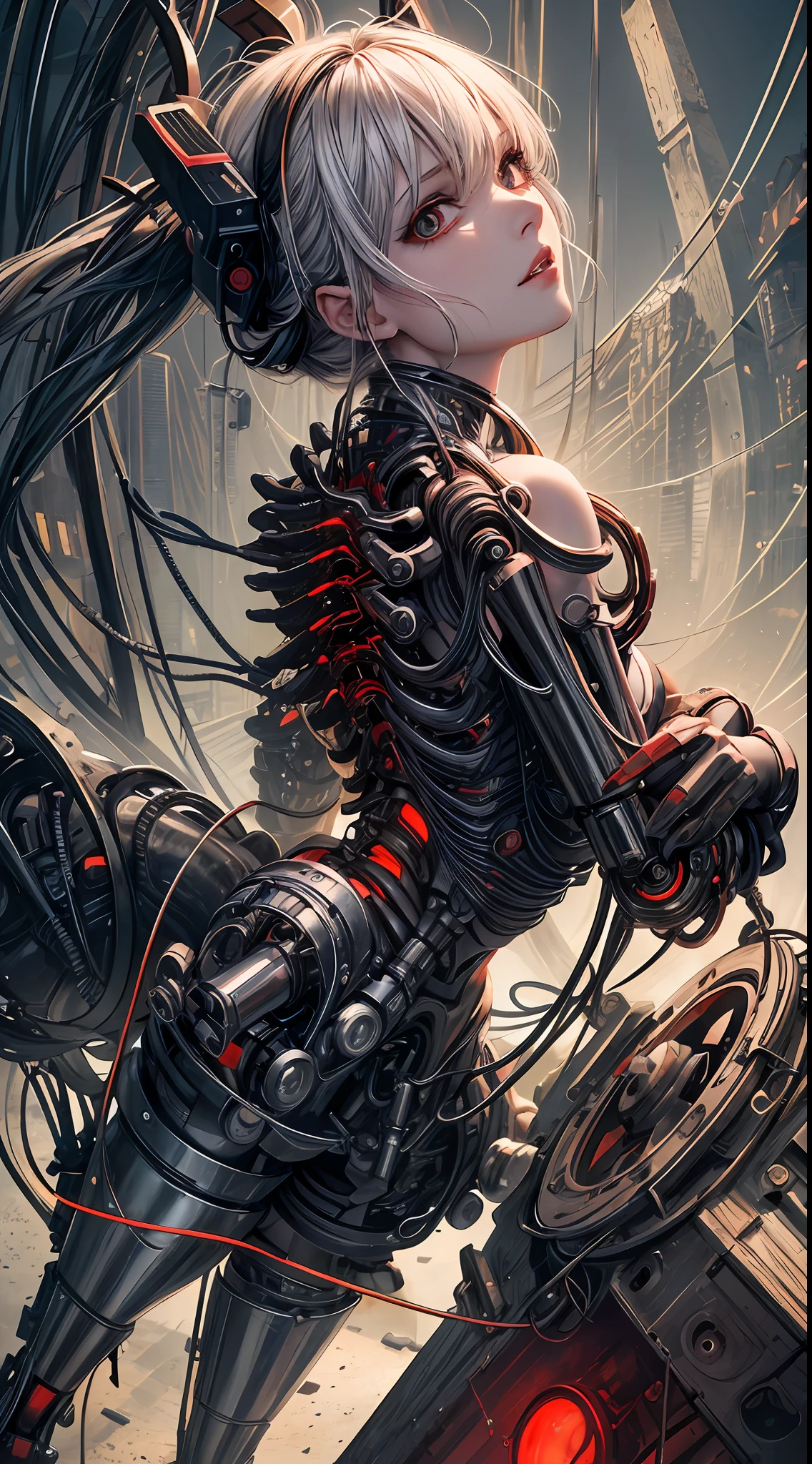 (((Masterpiece))), ((Best Quality)), (Super Detail), (CG Illustration), (Very Evil and Beautiful)), Cinematic Light, ((1 Mechanical Girl)), Single, (Mechanical Art: 1.4), ((Mechanical limb)), (Blood vessel attached to a tube), ((Mechanical spine attached to the back)), ((Mechanical cervical vertebrae attached to the neck), (Back to the viewer)), expressionless, ( wires and cables attached to the head and body: 1.5), Science Fiction, Apocalypse, Ruins, (Lower Body Integrated with Mechanical Devices), (Blood: 1.5), Cruelty, Absurdity, Eroglotesque, Fusion with Machines, Doomsday Time, Super Future, Inorganic, Laboratory, Restraints