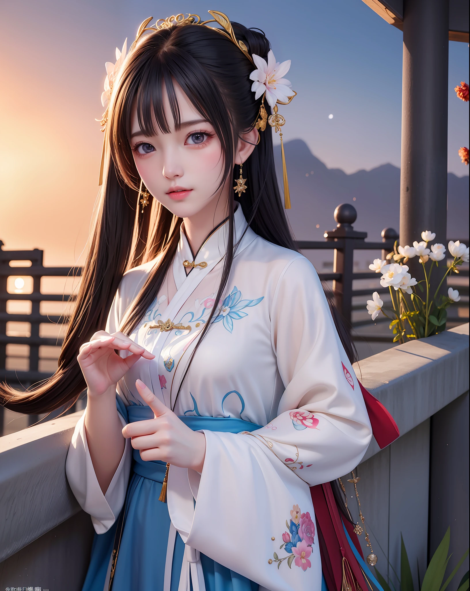 (8k, RAW photo:1.2), best quality, ultra high res,dramatic angle,(fluttered detailed color splashs), (illustration),(((1 girl))),(long hair),(rain:0.9), (头饰:1.4),少女身边有一座古宫,汉服,(重点),彩色水墨画,(泼彩),泼彩,(((colorful))),(素描:0.8) , Masterpiece, best quality, beautiful painted, highly detailed,(denoising:0.6),[splash ink],((ink refraction)), (beautiful detailed sky),moon,highly,detaild,(masterpiece, best quality, extremely detailed） CG unity 8k壁纸，杰作，最好的质量，超详细），（石蒜），
