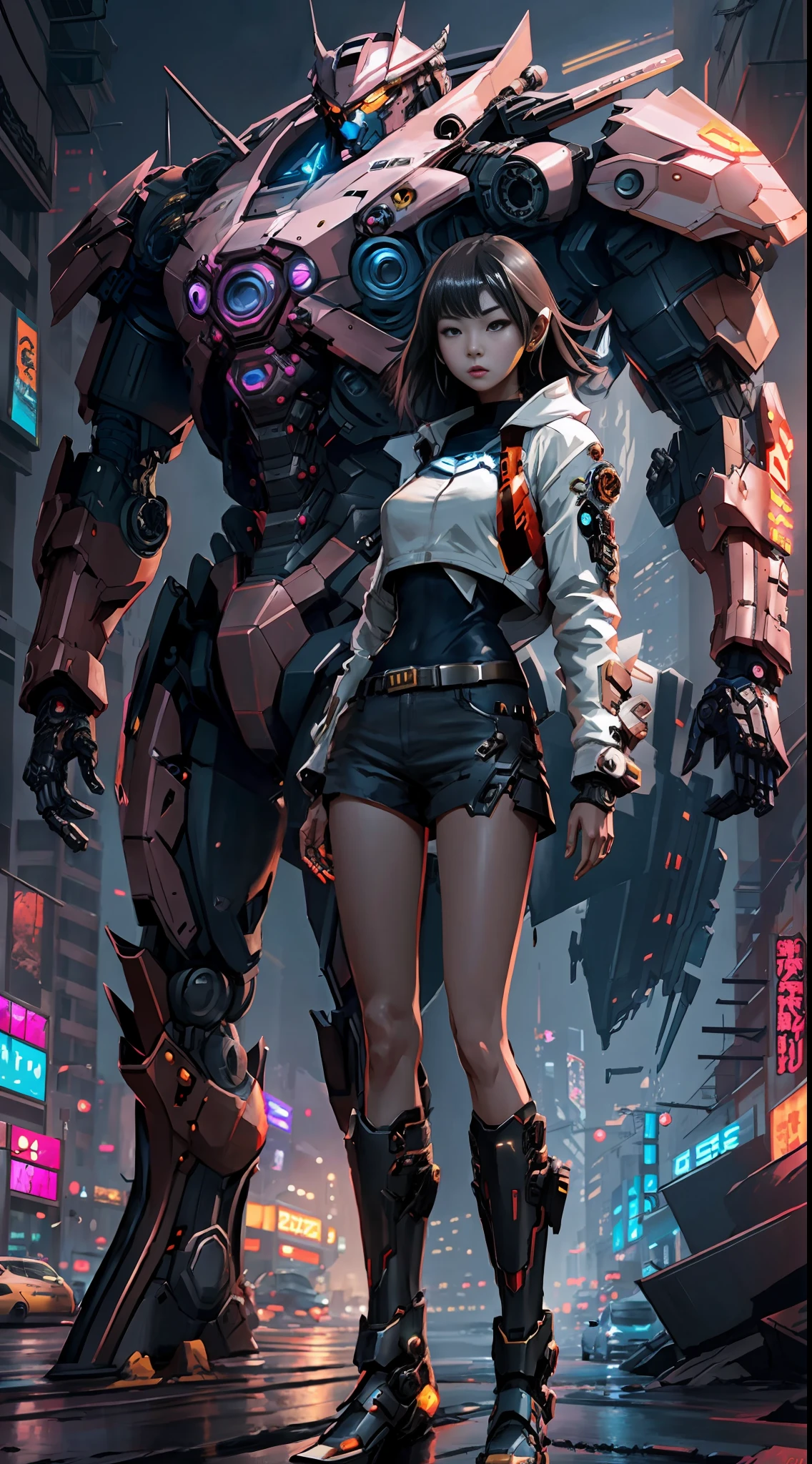 Boutique,best quality,Gold jewelry,(slip out feet),Fairy skin,(Fidelity :1.2),Standing,Super Detailed,realistic,High quality,Movie Light,Ray tracking,Ultra HD,Upper body
Girl in shorts and jacket standing next to giant robot, Guweiz style artwork, CyberPunk mech, Trends on CGSTATION, Guweiz, Russell Dongjun Lu, digital cyberpunk anime art, Ross Tran 8 K, Guweiz on ArtStation Pixiv, Girl in mecha network armor