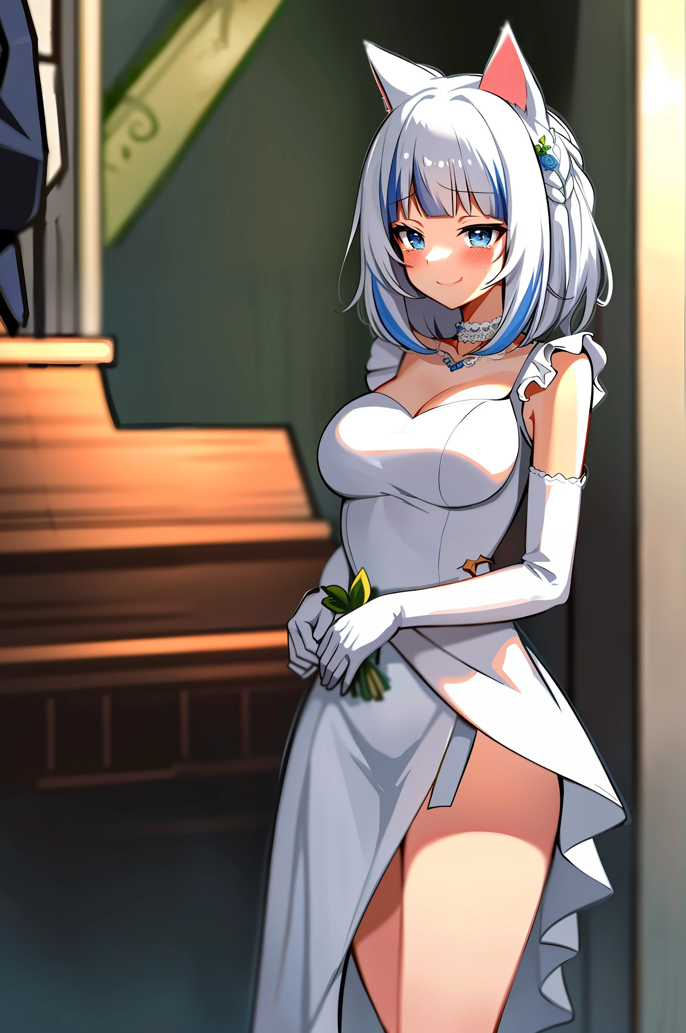 2d, masterpiece, best quality, anime, very detailed, upper_body, 1 girl, solo,,gawr_gura,smile,blushing,featuring breasts,giant breasts,gura_neko,cat_ears,church,,short hair,wedding dress,tears,happiness,white dress,wedding dress, wedding dress,