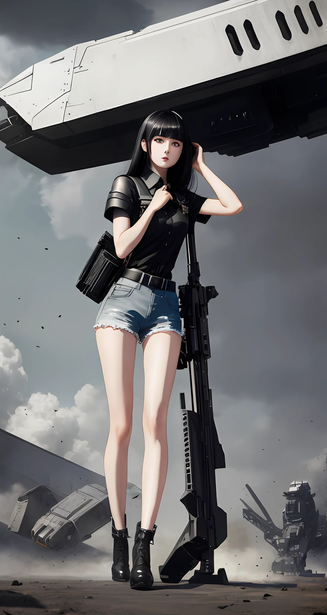 A girl in white skin and black dress leaning on huge mecha, pale skin, black short-sleeved shirt, dark denim shorts, long legs, long sword in left hand, gun on right shoulder, background alien battlefield, beautiful digital artwork, realistic effect, high texture