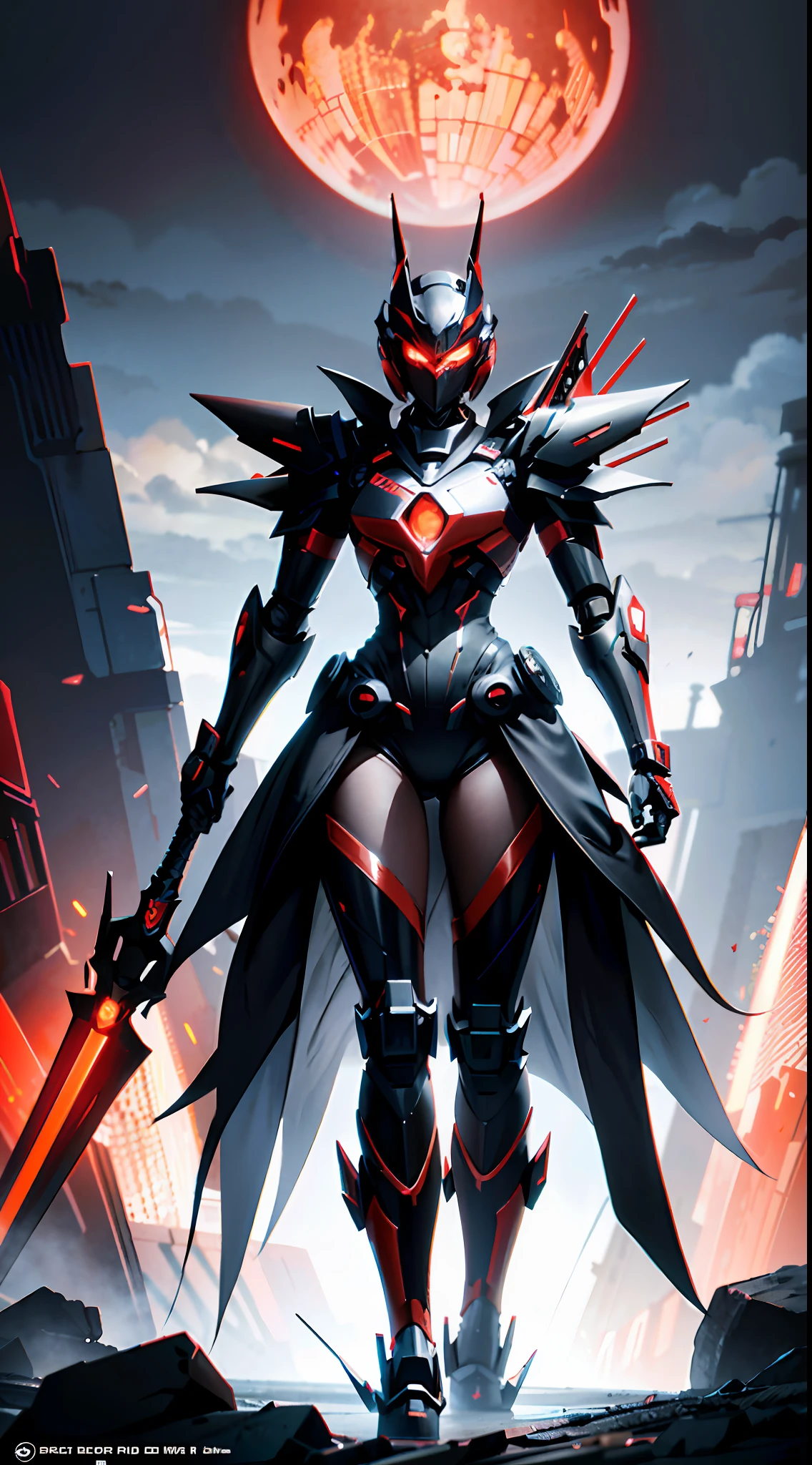 Perfect body proportions, melon face, wearing a black and red cruel Valkyrie mecha suit, a terrifying mechanical giant in the background, a glowing mechanical knight sword at the waist, a tattered red knight cloak unfolded, a V-shaped mechanical mask, long white messy hair, orange glowing eyes, surrealism, cubist futurism, chiaroscoo, cinematic lighting, ray tracing, character graphics, Sony FE, 8k, Ultra HD, best quality, high resolution, mecha texture detailed