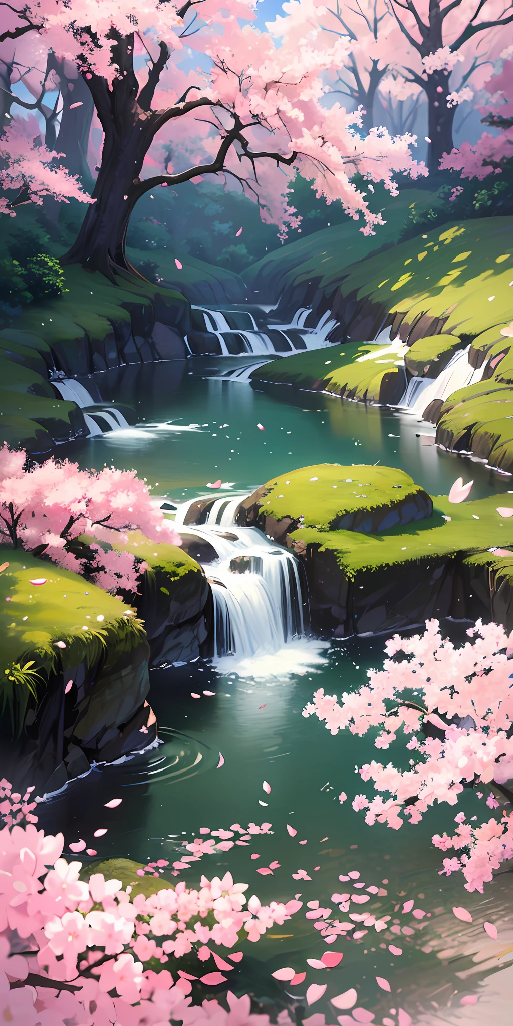 Masterpiece, best quality, (very detailed CG Unity 8k wallpaper) (best quality), (best illustration), (best shade) nature', green pond, 7 koi, cherry blossoms, delicate leaves of various colors falling in air light tracking, super detailed --v6