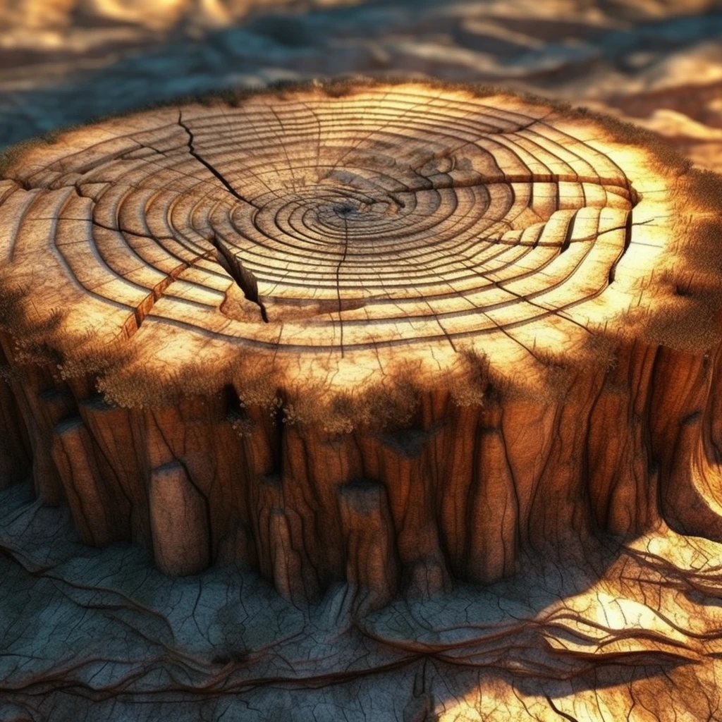 Giant stump, growth rings, germination on growth rings, HDR, 45° oblique view, 3D, sandbox