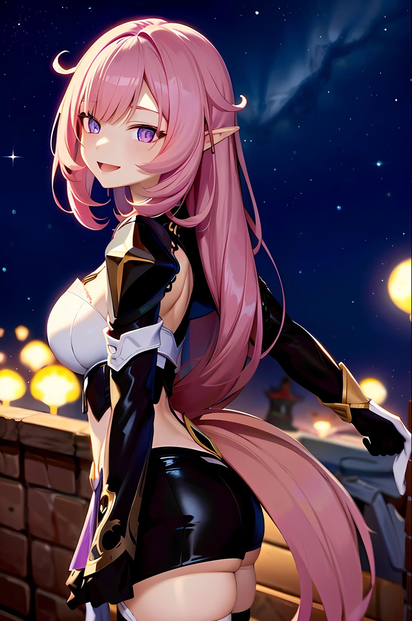 japanese woman, sexy body, realistic masterpiece, top quality, absurdity, Elysia (Miss Pink Elf) (Honkai Impact), slit eyes, Elysia (Honkai Impact), elf, pointed ears, 1 girl, breasts, split, pink hair, solo, headdress, smile, blue eyes, long hair, viewer, open mouth, bangs, :d, sky, stars (sky), black shorts, big breasts, starry sky, shorts, night sky, arm back, night, long sleeves,  Pink eyes