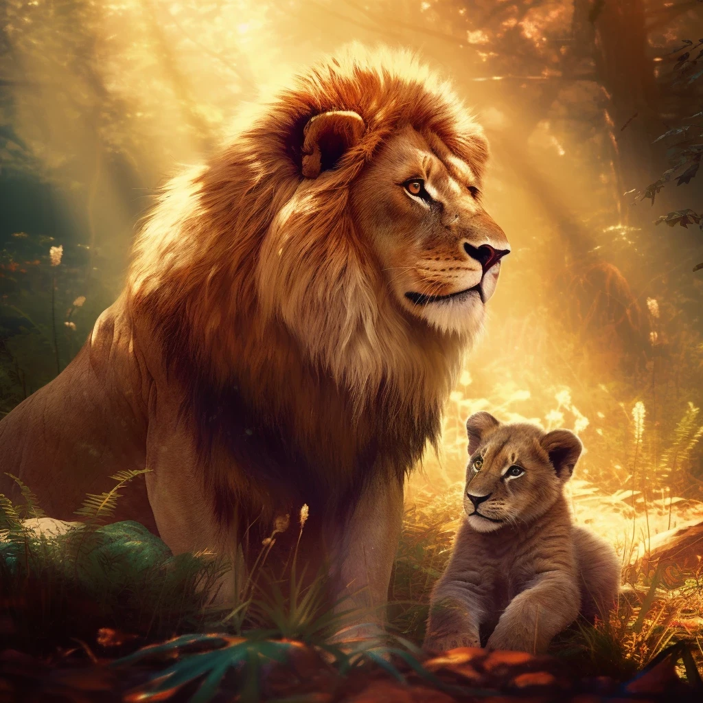 Forest, big lion with lion cub playing, warm, real, high resolution