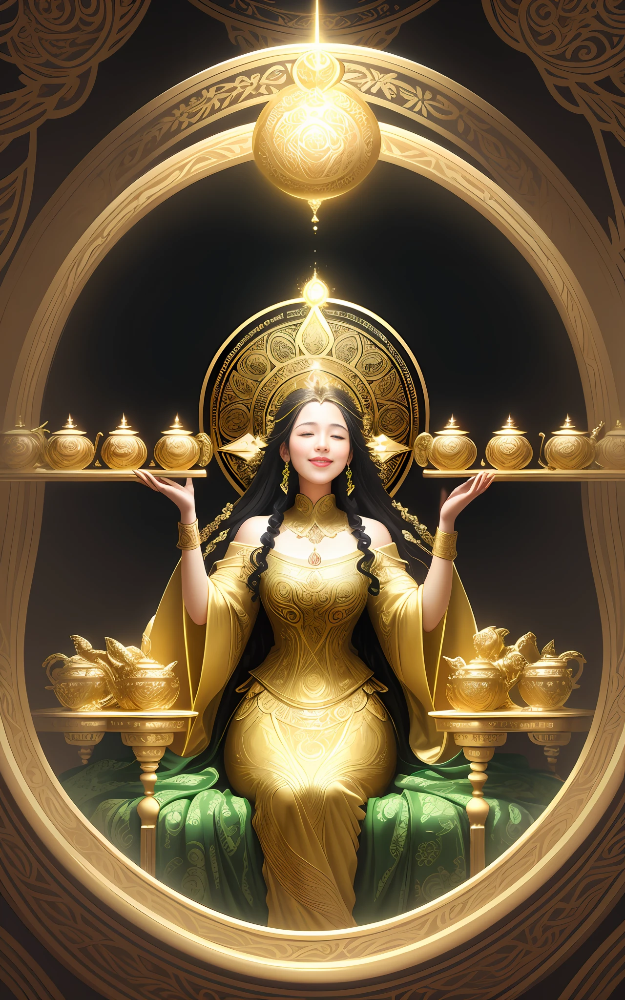 depicts a luxurious scene of abundance and fulfillment. A figure sits comfortably on a lavish throne, surrounded by nine golden cups arranged in a semicircle. The figure is dressed in opulent robes, indicating wealth and prosperity. Their expression is content and satisfied, reflecting a sense of accomplishment and pleasure. The cups are adorned with intricate designs and overflowing with rich liquids, symbolizing emotional fulfillment and satisfaction. The background is adorned with lush vegetation, representing growth and abundance. Overall, the illustration exudes a sense of joy, fulfillment, and the attainment of desires.