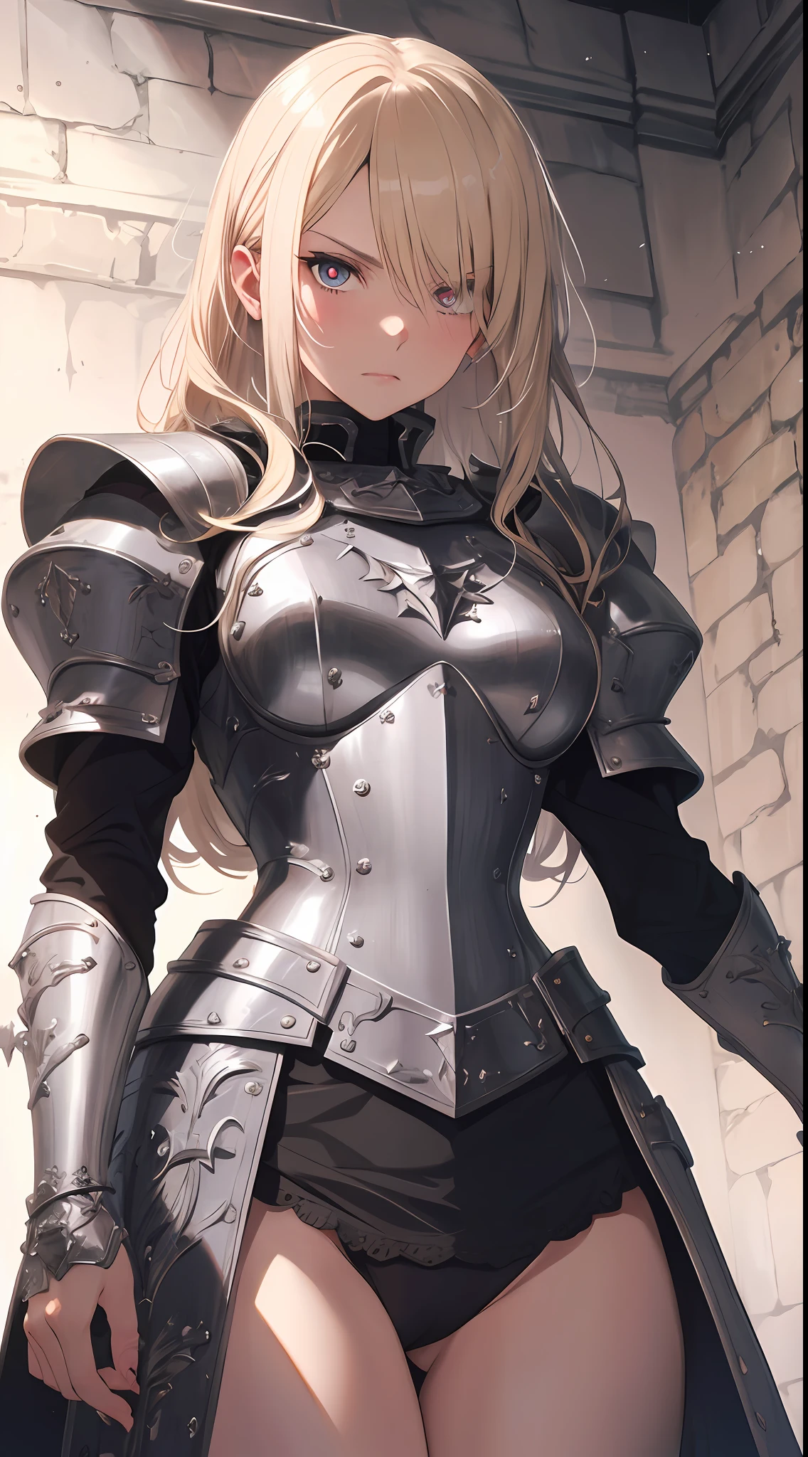 (from below:1.4), (platinum armor, detailed engraving, engraved breastplate:1.2), masterpiece, best quality, absurdres, beautiful lady, cowboy shot, looking at viewer, medieval, very angry, blonde hair, bottomless, thighs focus, punishment cell, dungeon, dark stonework room, night, highres, ultra detailed, finely detail, detailed eyes and face and skin, sharp pupils, realistic pupils, sharp focus, slightly light