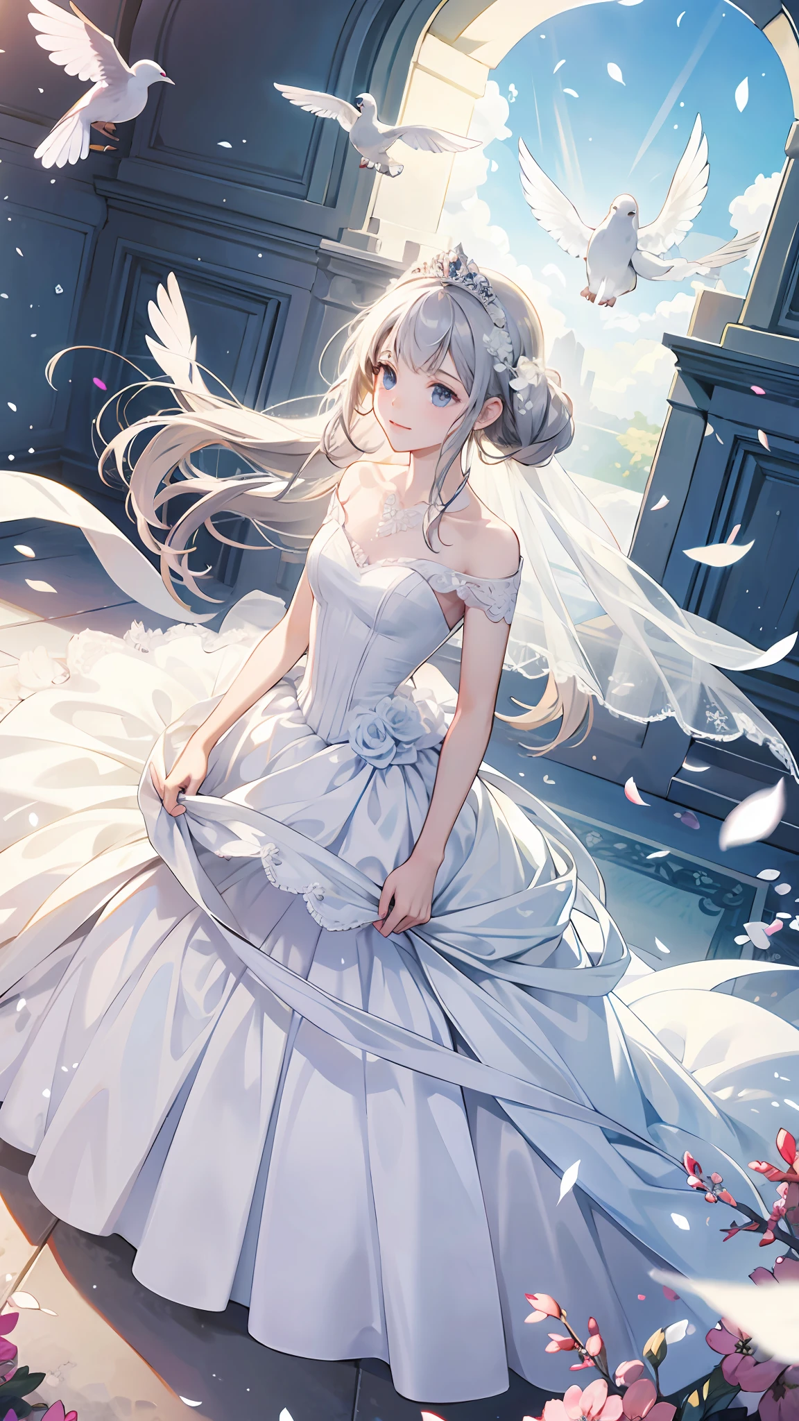 ((best quality)), ((masterpiece))  WEDDING PRINCESS DRESS, light ray, lens flare, white petals, doves