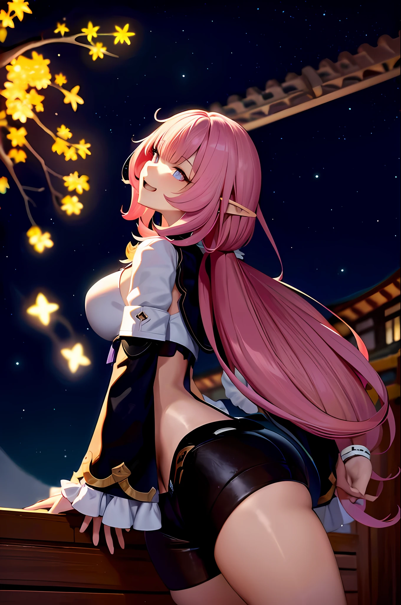 japanese woman, sexy body, realistic masterpiece, top quality, absurdity, Elysia (Miss Pink Elf) (Honkai Impact), slit eyes, Elysia (Honkai Impact), elf, pointed ears, 1 girl, breasts, split, pink hair, solo, headdress, smile, blue eyes, long hair, viewer, open mouth, bangs, :d, sky, stars (sky), black shorts, big breasts, starry sky, shorts, night sky, arm back, night, long sleeves, Pink eyes