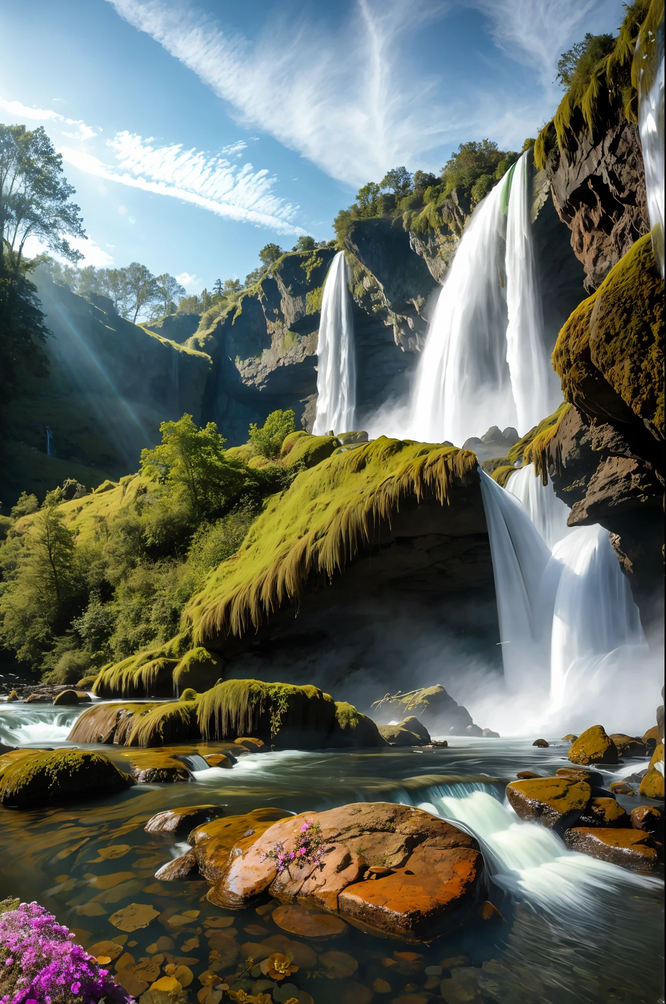 (Big waterfalls) butterflies, unicorn, fantasy, mermaids, forest, cliffs, wildflowers, fairies, hotsprings, Cinematic RAW photo, hyper real photo, ultrarealistic, 8k uhd, dslr, soft lighting, high quality, film grain, Fujifilm XT3, photographed on a Kodak Retina II Sanyo Xacti VPC-CA6, 50mm lens, Wide Angle, Sunrays shine upon it, HDR, hyper-realistic, colorgraded, volumetric lighting, [volumetric fog, moist], shallow depth of field, reflections, photo, deep water floating sparkling splashing rainbows, waves, flowing, glistening, iridescent, rainbow, glimmering, flowers, foam, wet, dripping, splashing, crystal jewels, treasure, steam, water, (masterpiece) (best quality) (detailed) (8k) (HDR) (wallpaper) (cinematic lighting) (sharp focus) (intricate)