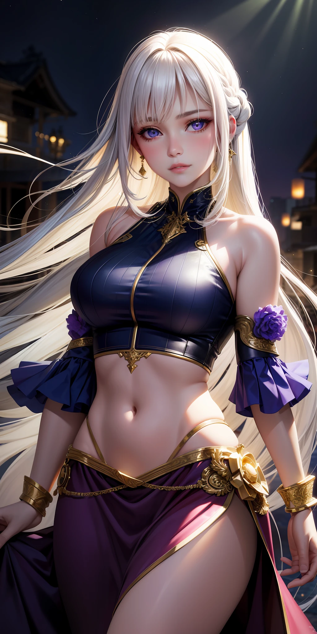 "Realistic portrayal of a beautiful young woman, with flowing white hair and piercing purple eyes. Her eyes seem to glow with an otherworldly light, and her parted lips reveal a hint of blush on her cheeks. She's wearing a stylish crop top and skirt, and is surrounded by a sea of vibrant flowers, illuminated by the warm light of the setting sun. The gentle sunlight casts a dreamy glow over the serene night scene."