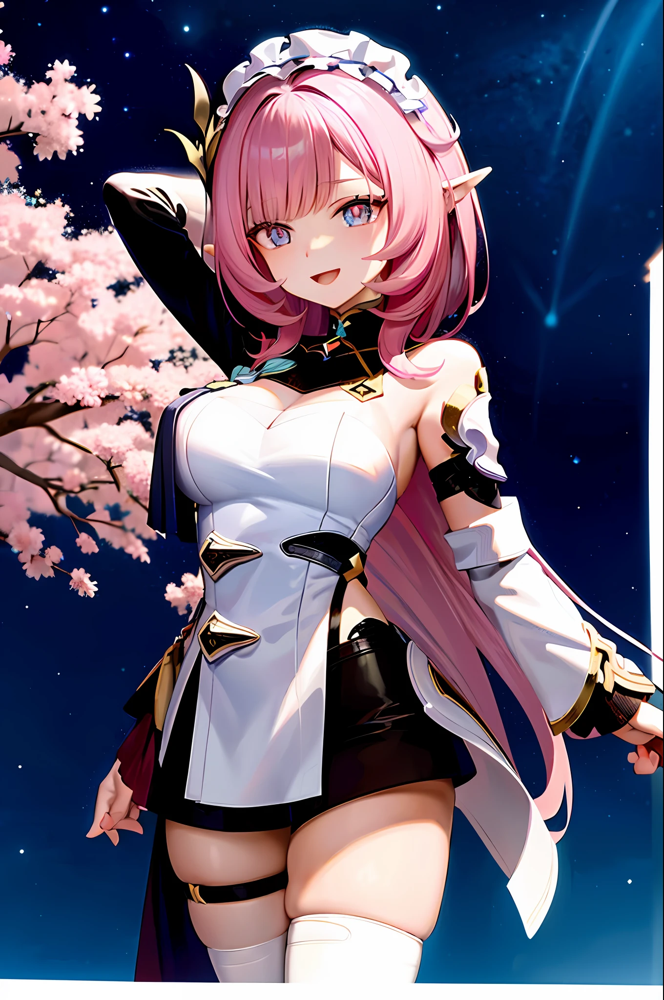 japanese woman, sexy body, realistic masterpiece, top quality, absurdity, Elysia (Miss Pink Elf) (Honkai Impact), slit eyes, Elysia (Honkai Impact), elf, pointed ears, 1 girl, breasts, split, pink hair, solo, headdress, smile, blue eyes, long hair, viewer, open mouth, bangs, :d, sky, stars (sky), black shorts, big breasts, starry sky, shorts, night sky, arm back, night, long sleeves, Pink eyes