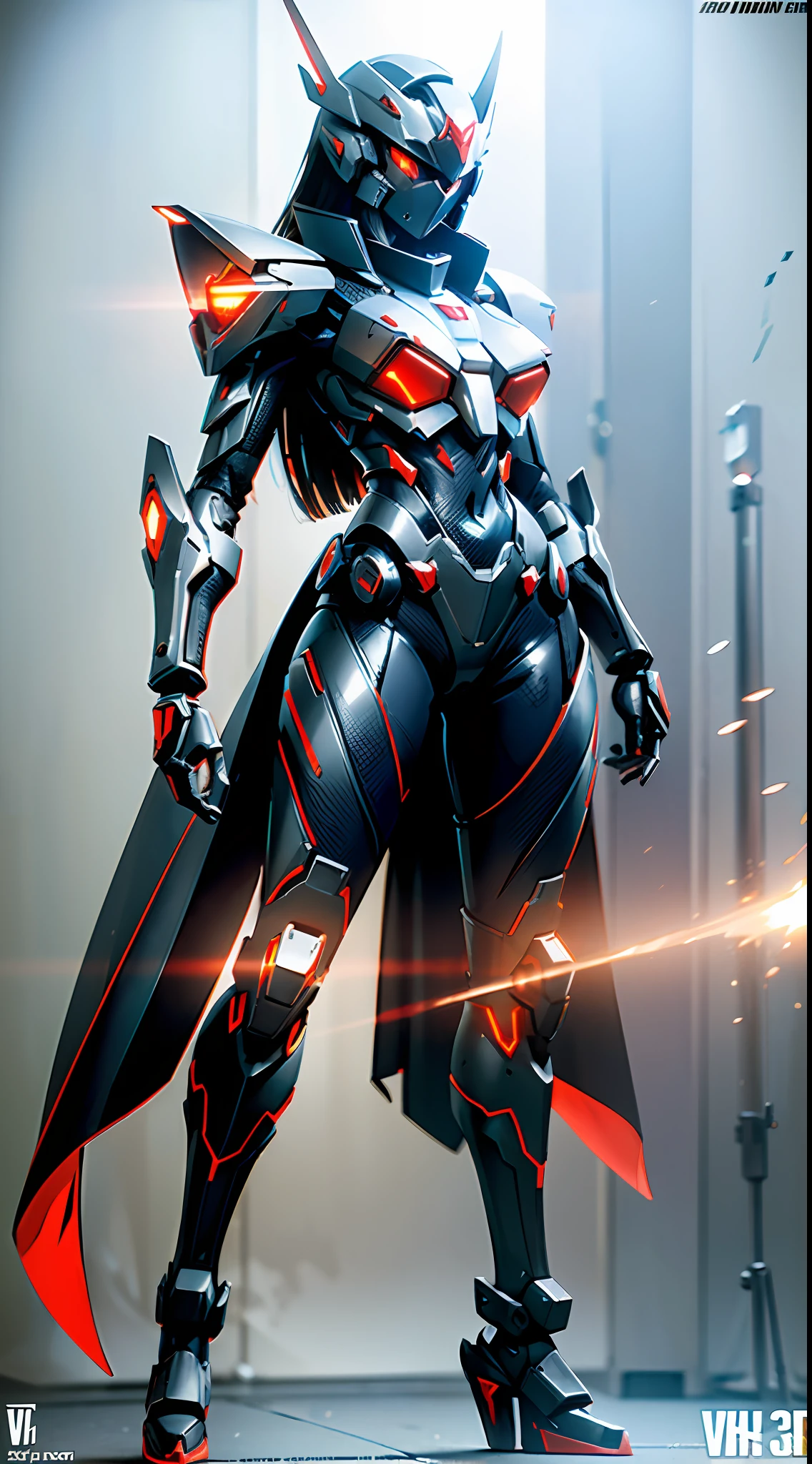 (((tall young Asian woman with perfect body proportions))), textured mech, surrealism, cubist futurism, V-shaped helmet covering face, melon face, black and red extremely complex cruel Valkyrie mech suit, white messy long hair, red glowing eyes, gun action, tattered red knight long cloak unfolded, a large horror machine stands behind it, Ultra HD, Panorama, chiaroscuro, Cinematic lighting, ray tracing, character diagram, f/1.8, Sony FE, best quality, High resolution, live-action, 3D effects