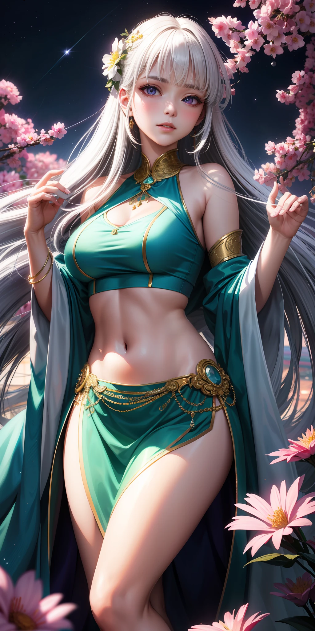 "Realistic portrayal of a beautiful young woman, with flowing white hair and piercing purple eyes. Her eyes seem to glow with an otherworldly light, and her parted lips reveal a hint of blush on her cheeks. She's wearing a stylish crop top and skirt, and is surrounded by a sea of vibrant flowers, illuminated by the warm light of the setting sun. The gentle sunlight casts a dreamy glow over the serene night scene."